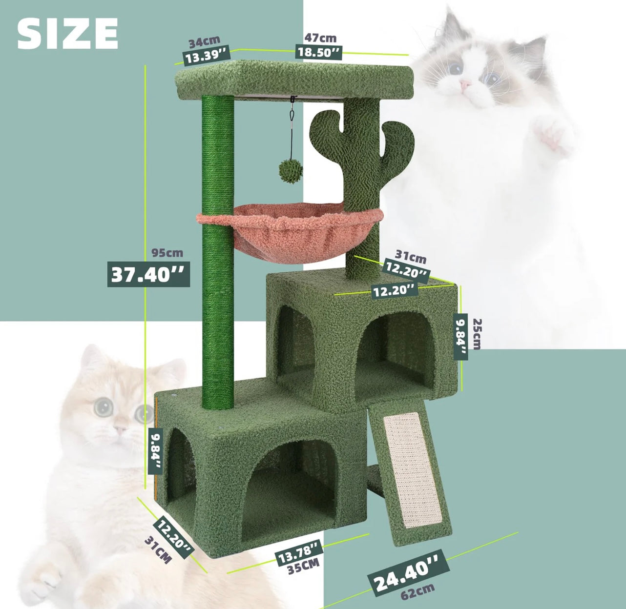 Aiwikide 37.4” Cactus Cat Tree Tower with Twin Cat Condos.