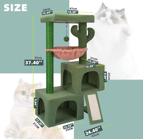 Aiwikide 37.4” Cactus Cat Tree Tower with Twin Cat Condos.