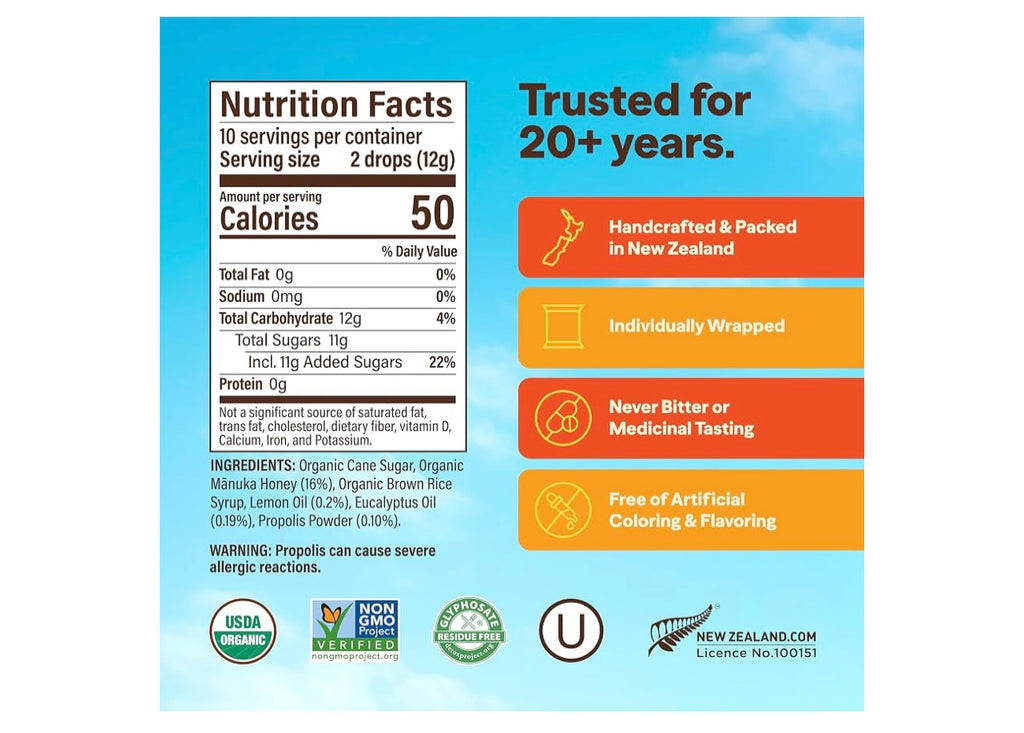 Wedderspoon Organic Manuka Honey Drops, Lemon & Bee Propolis, 20 Count. Best Before July 2027.