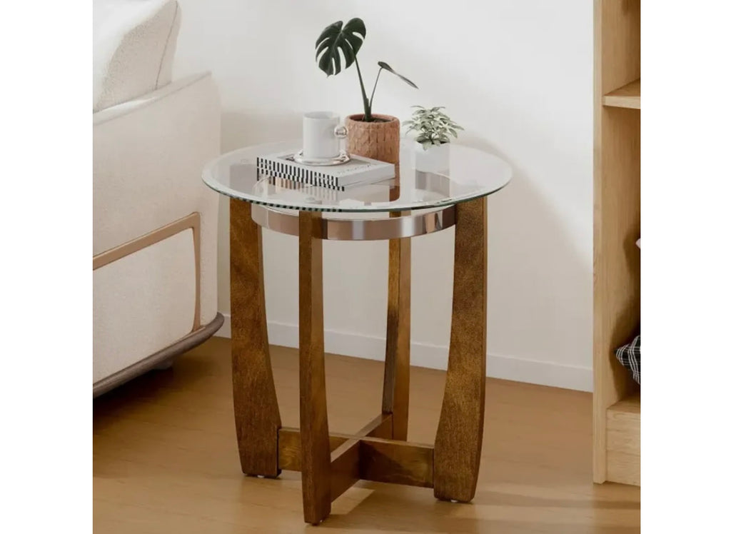 24 Inches Round Side Table with Tempered Glass Top and Solid Rubber Wood Base. Assembly Required.