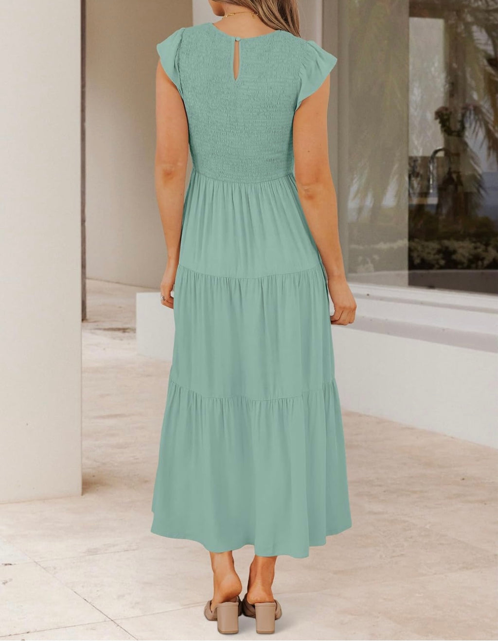 Women's 2026 Summer Casual Flutter Short Sleeve Smocked Midi Dress