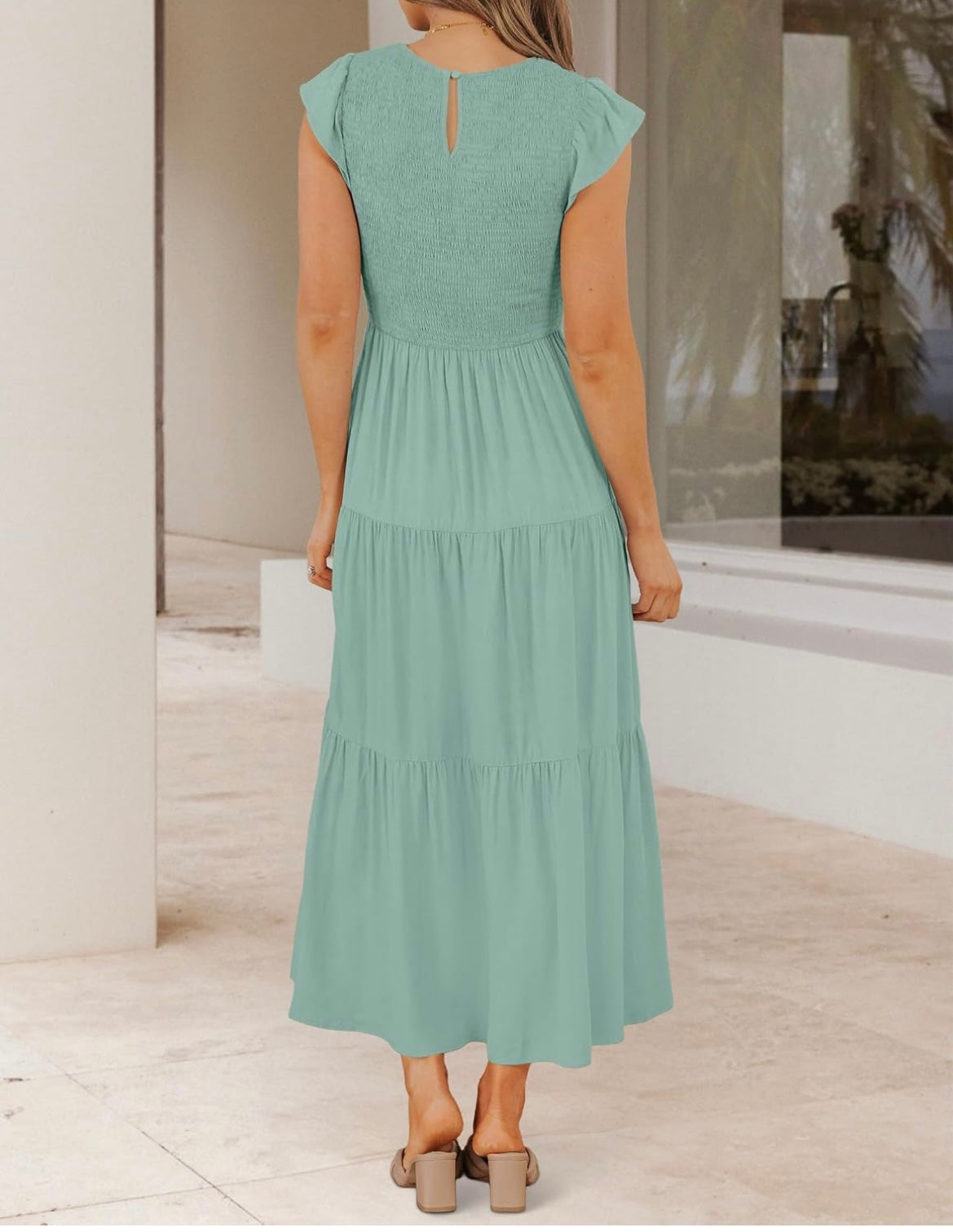 Women's 2026 Summer Casual Flutter Short Sleeve Smocked Midi Dress