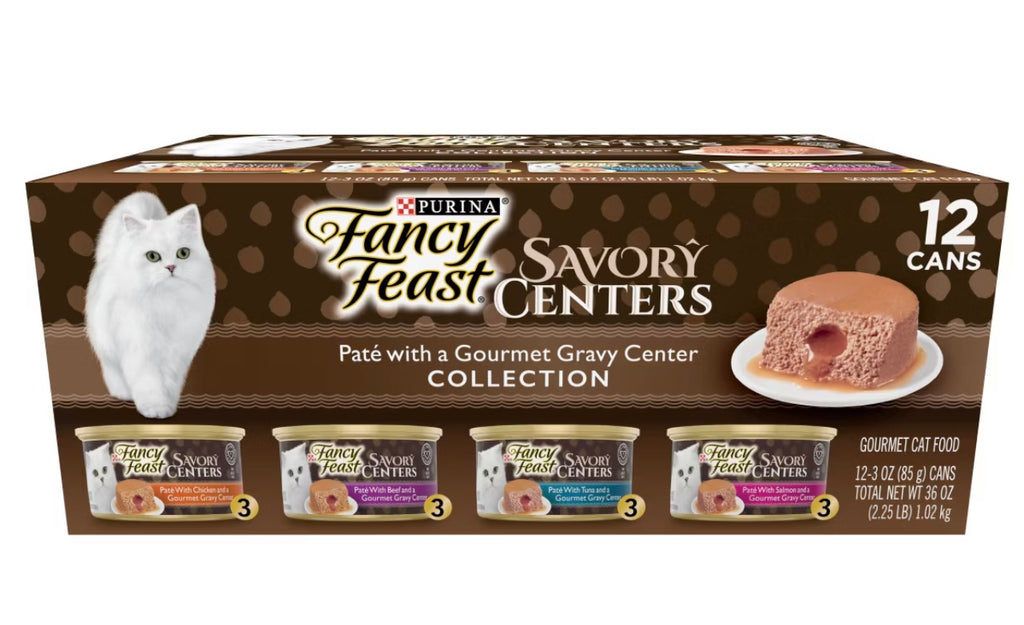 Purina Fancy Feast Savory Centers Paté Collection Gourmet with Tuna, Chicken, Salmon, Beef, Seafood and Fish Wet Cat Food - 3oz/12ct Variety   Best By March 2028.