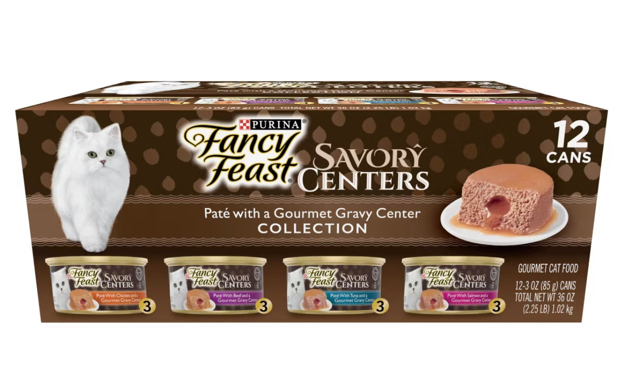 Purina Fancy Feast Savory Centers Paté Collection Gourmet with Tuna, Chicken, Salmon, Beef, Seafood and Fish Wet Cat Food - 3oz/12ct Variety   Best By March 2028.