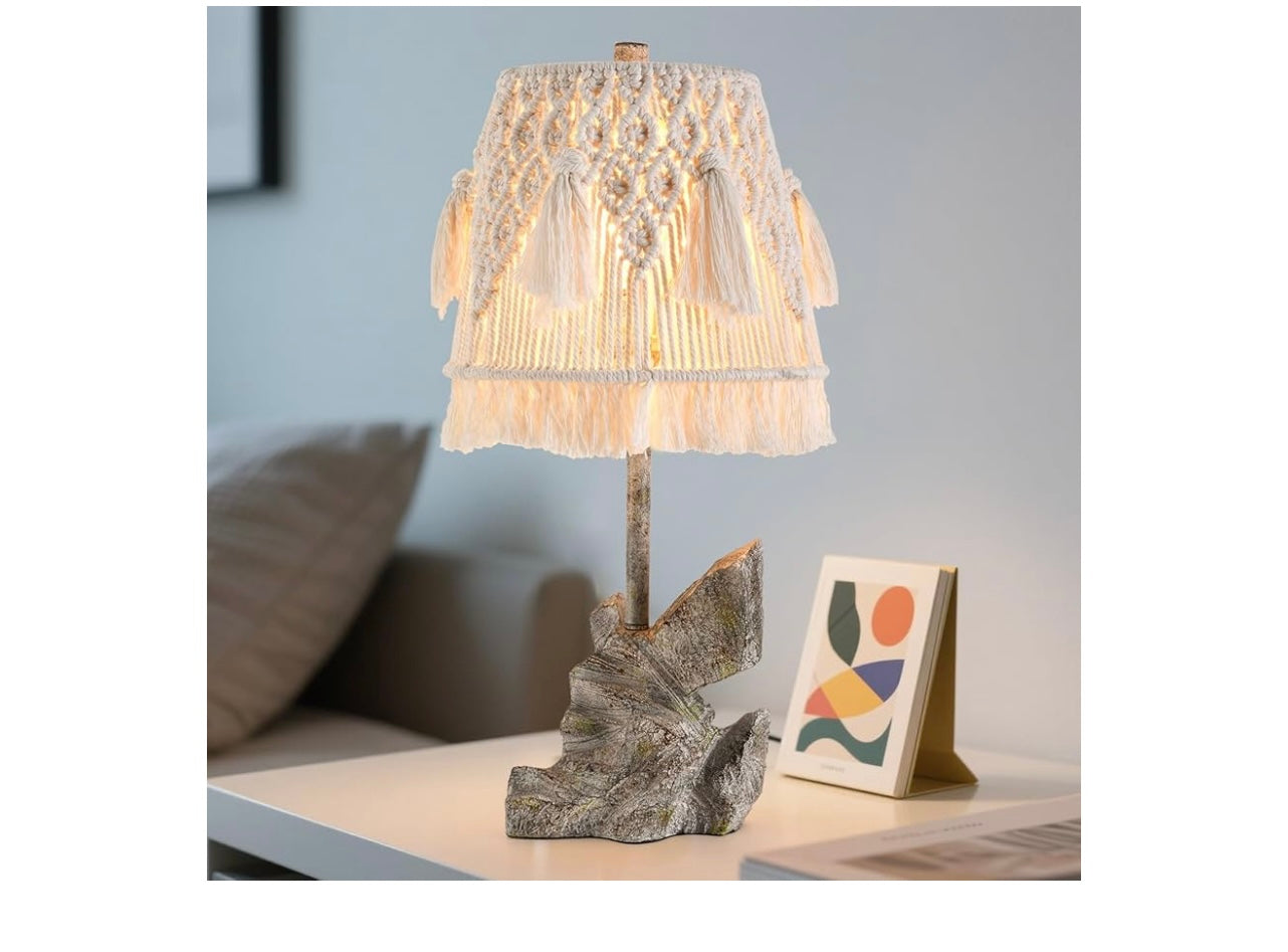 24” Tall Retro Desk Lamp With Bohemian Cotton Rope Macrame Lampshade and Handcrafted Resin Base.