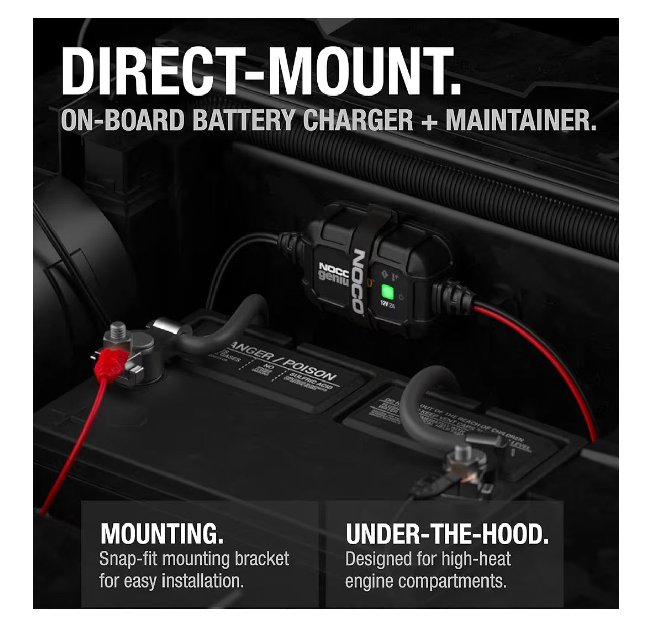 NOCO GENIUS2D: 2A 12V Smart Onboard Battery Charger - Direct-Mount Automatic Maintainer, Trickle Charger & Desulfator with Overcharge Protection & Temperature Compensation – for Lead-Acid Batteries
