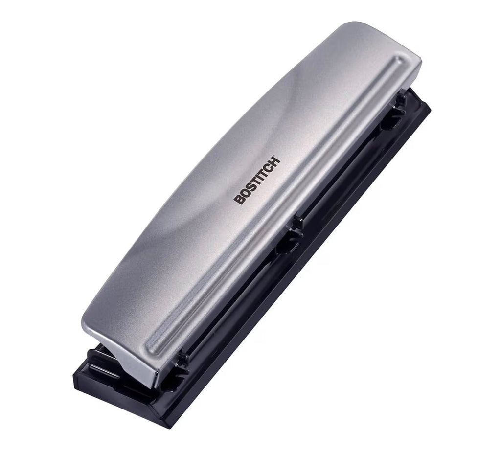 Bostitch Office Premium 3 Hole Punch, 12 Sheet Capacity, Metal, Rubber Base, Easy-Clean Tray, Silver