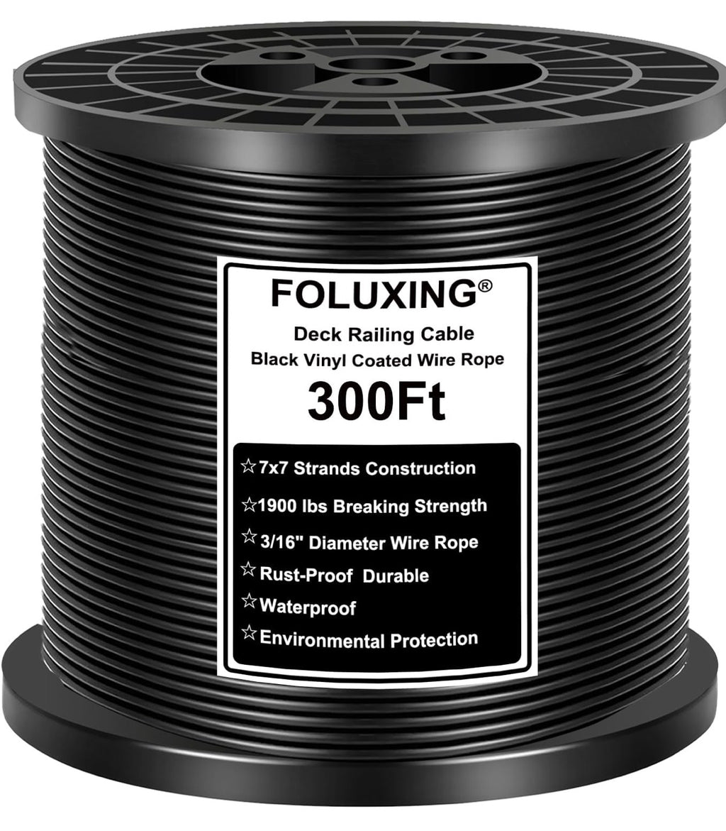 300FT 3/16" Black Vinyl Coated Wire Rope, Cable Railing System, Black Aircraft Cable for Indoor Outdoor Decking Stair Railing Balustrade DIY 1/8Inch Overmolded to 3/16 Inch