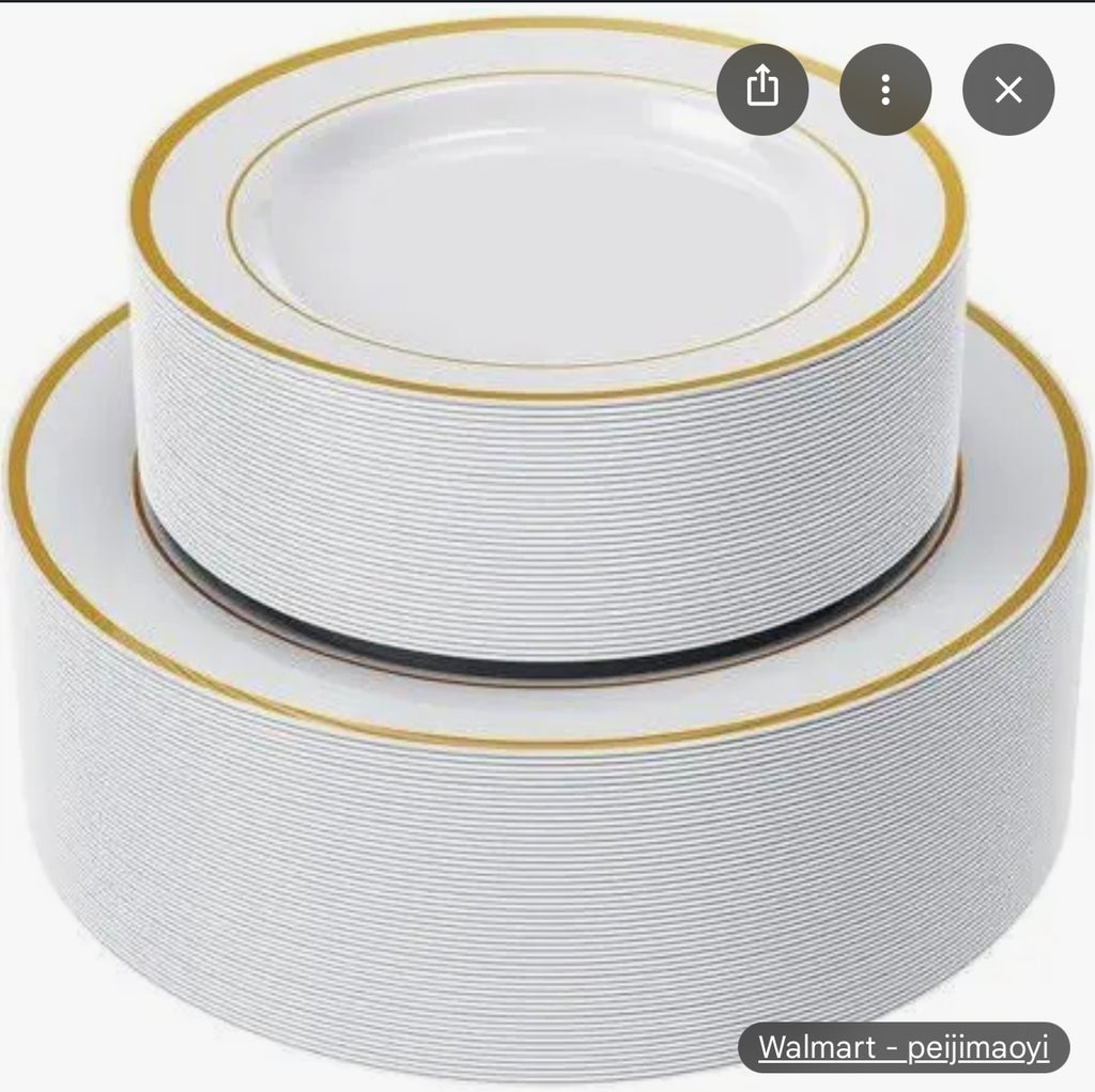 102 piece gold rim plastic plate set.