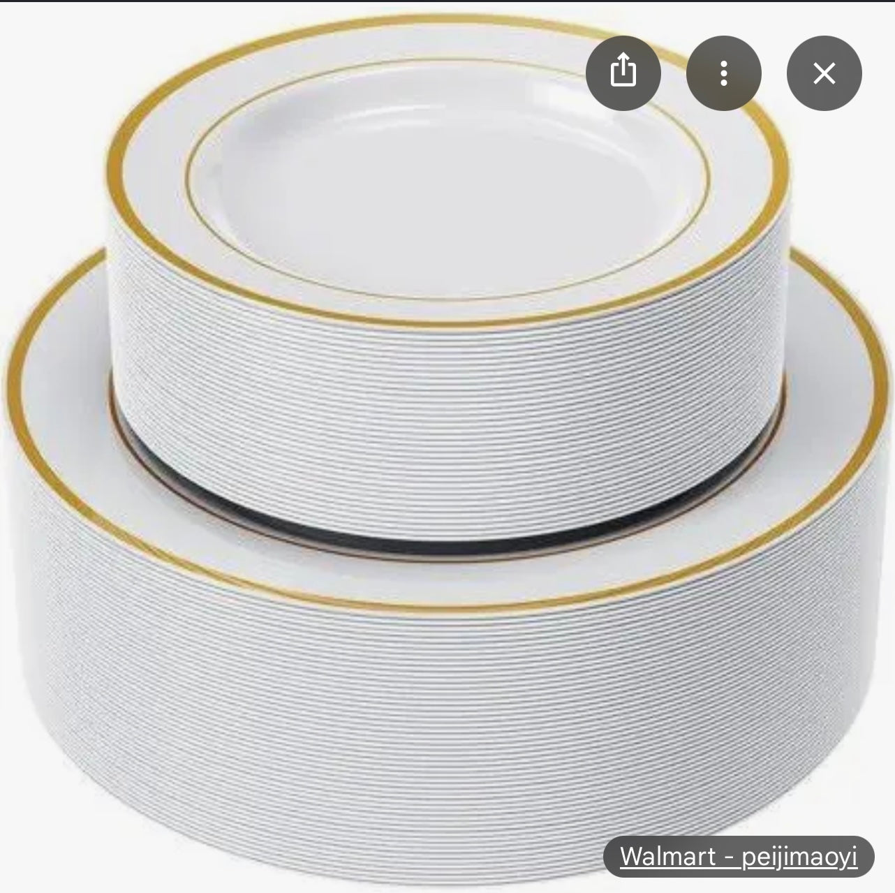 102 piece gold rim plastic plate set.