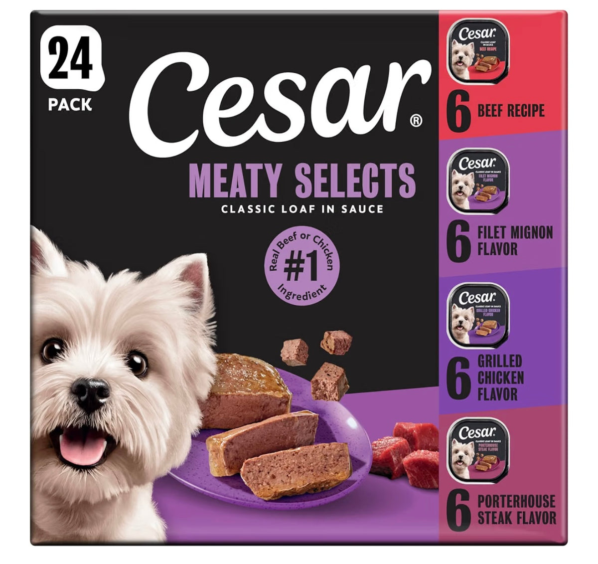 Cesar Classic Loaf in Sauce Wet Dog Food, Meaty Selects, 3.5 oz, 24 Count
Real beef or chicken #1 ingredient, no fillers or artificial flavors, slow-cooked, easy to digest, easy peel trays