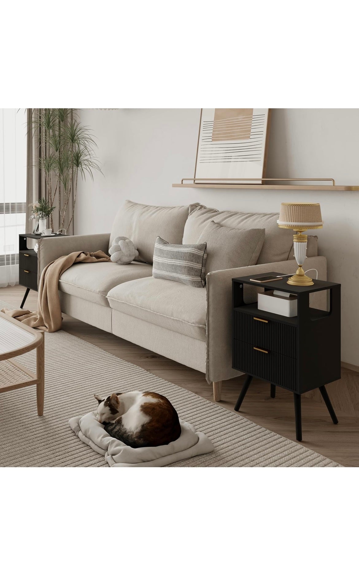 Black nightstand with charging station and led lights