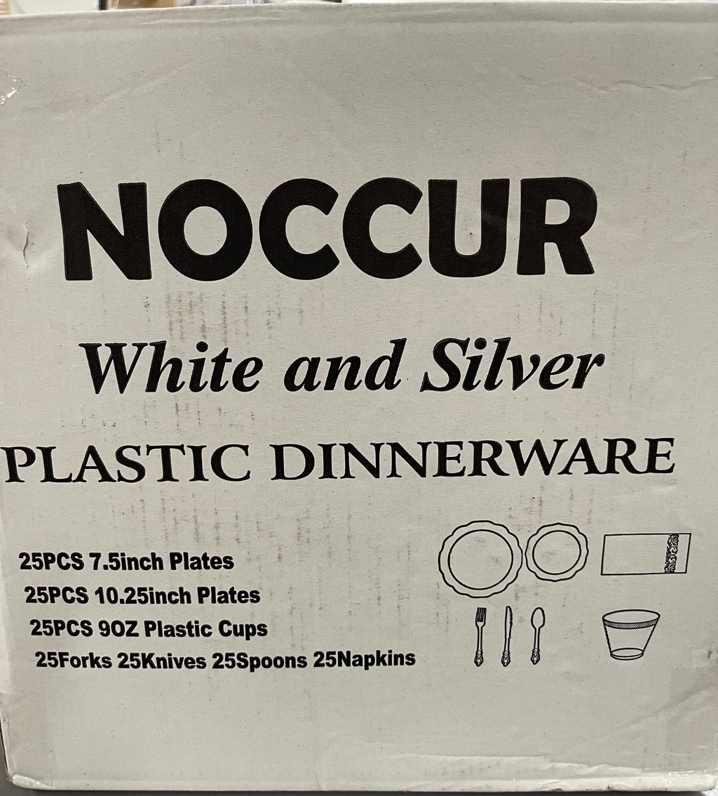 NOCCUR White and Silver plastic Dinnerware.