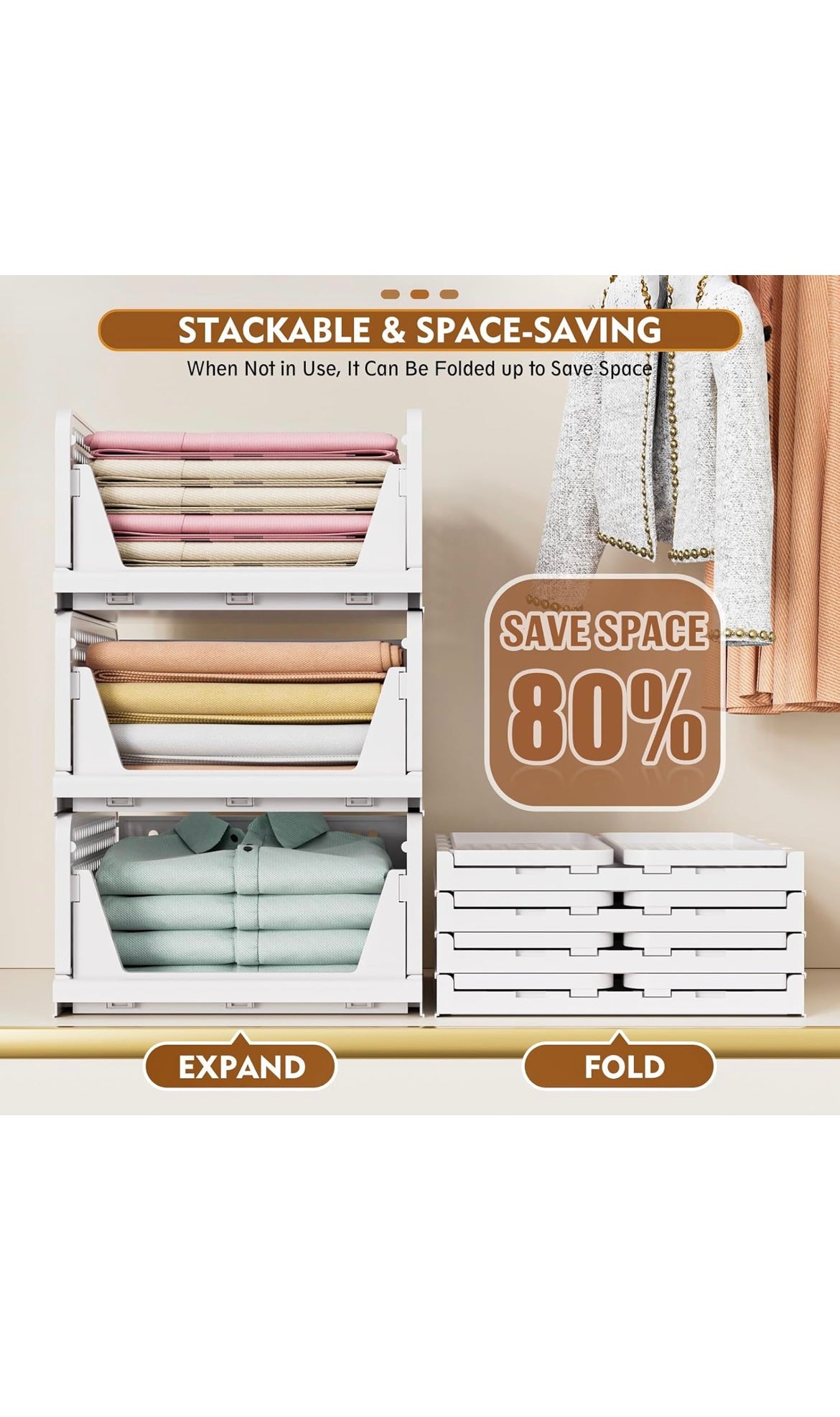 Stackable closet storage basket 5 pack
