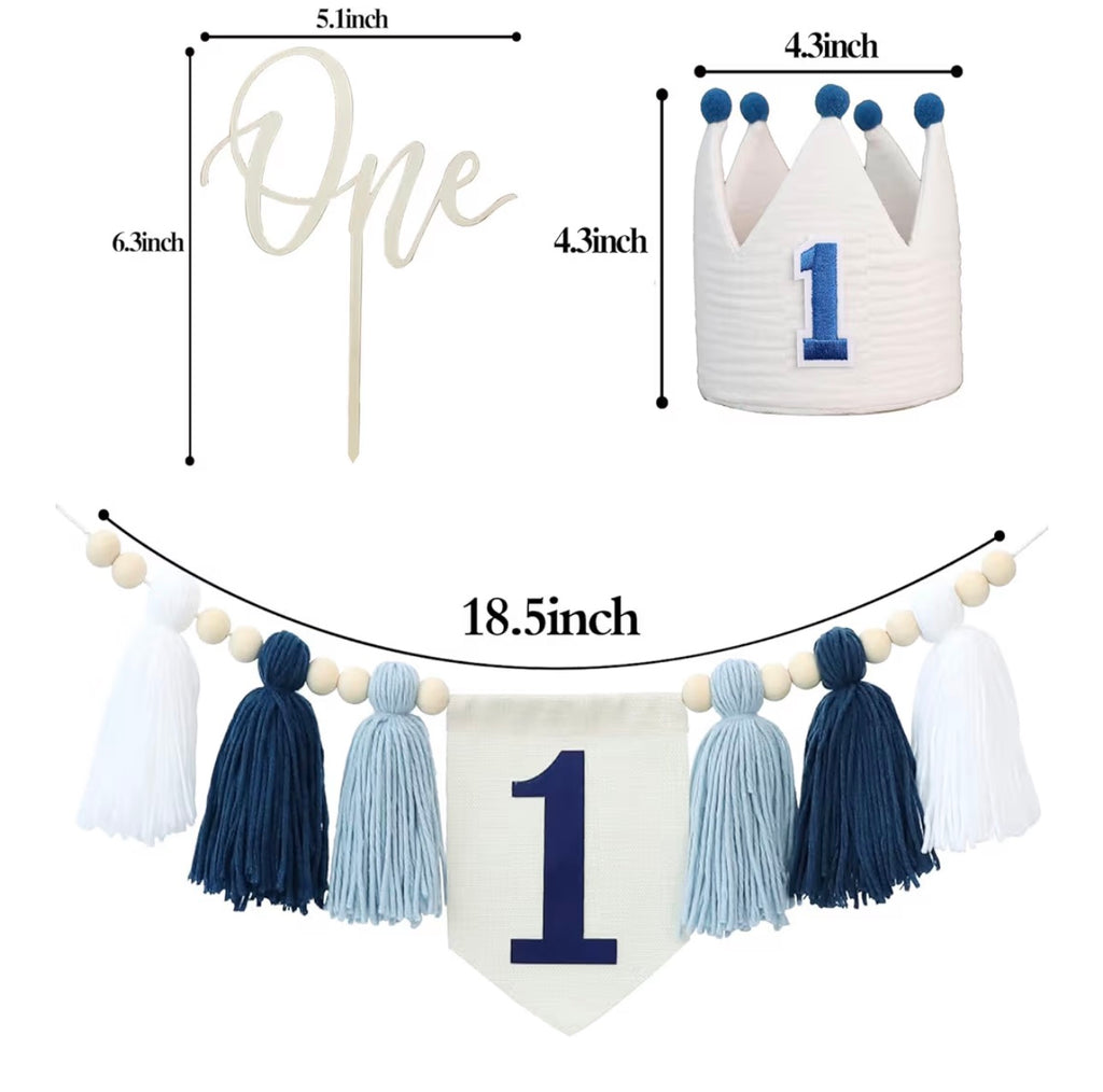 1st Birthday Decoration Blue And White High Chair Banner For Boy No.1 Crown Cake Topper First Birthday Party Decorations