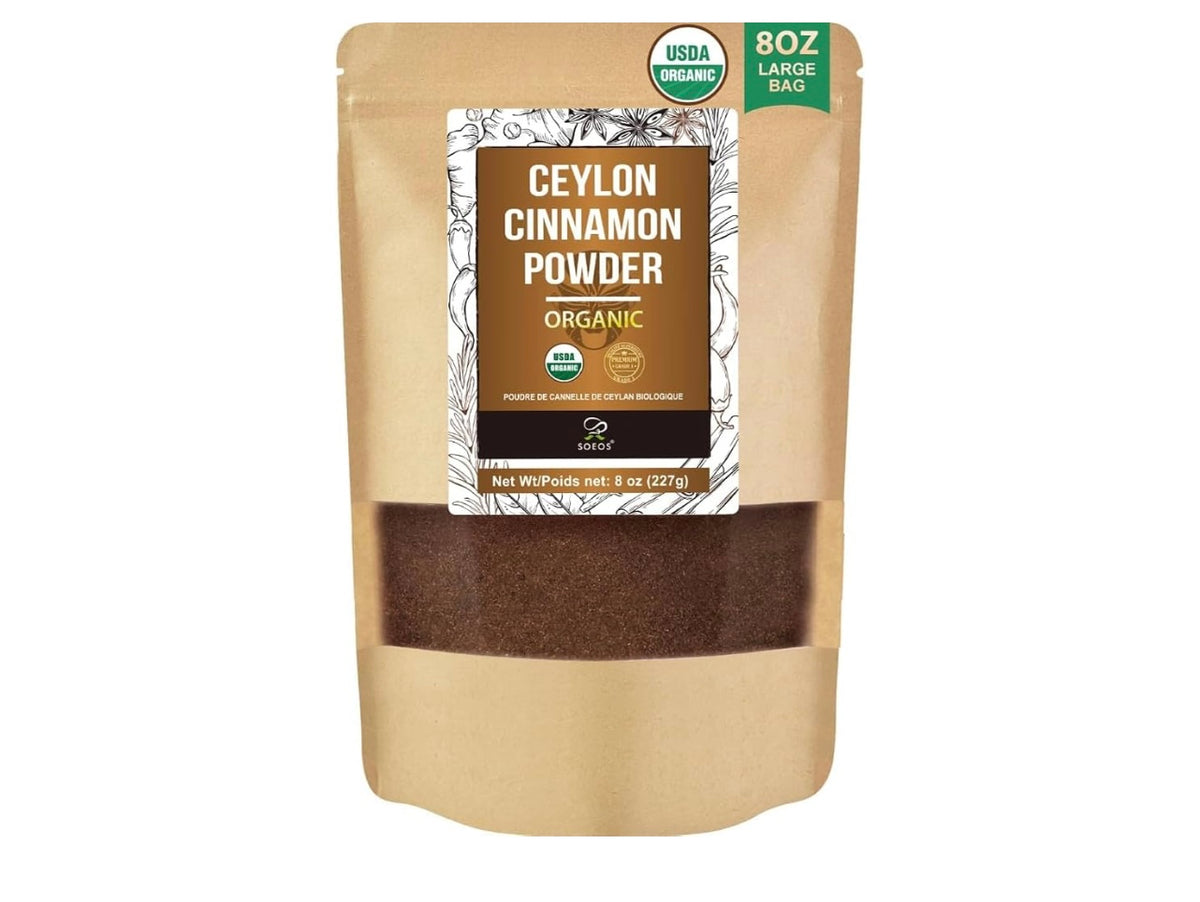 Soeos Organic Ceylon Cinnamon Powder, 227g (8oz), Premium Ground Cinnamon, Non-GMO, Gluten-Free, Freshly Packed.