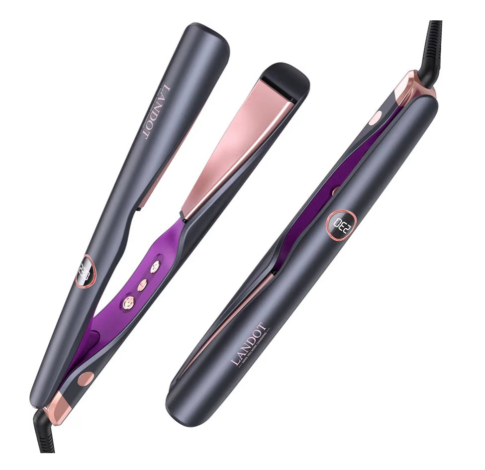 LANDOT Hair Straightener and Curler 2-in-1: Twist Flat Curling Iron for Smooth Straight & Bouncy Curls, Anti-Frizz, Dual Voltage, 12 Temps 250-450°F for All Hair Types, 1 Inch, Metallic Gray
