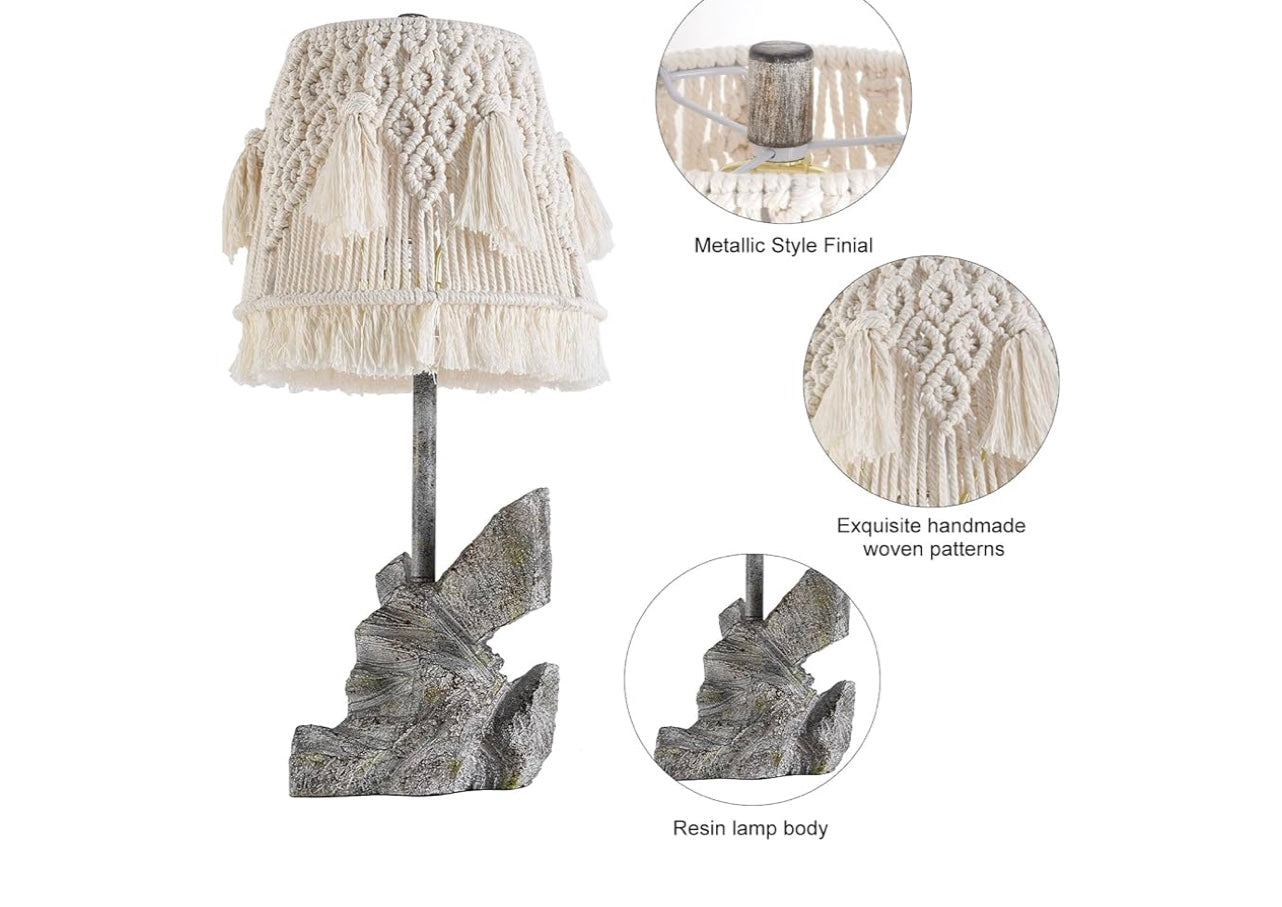 24” Tall Retro Desk Lamp With Bohemian Cotton Rope Macrame Lampshade and Handcrafted Resin Base.