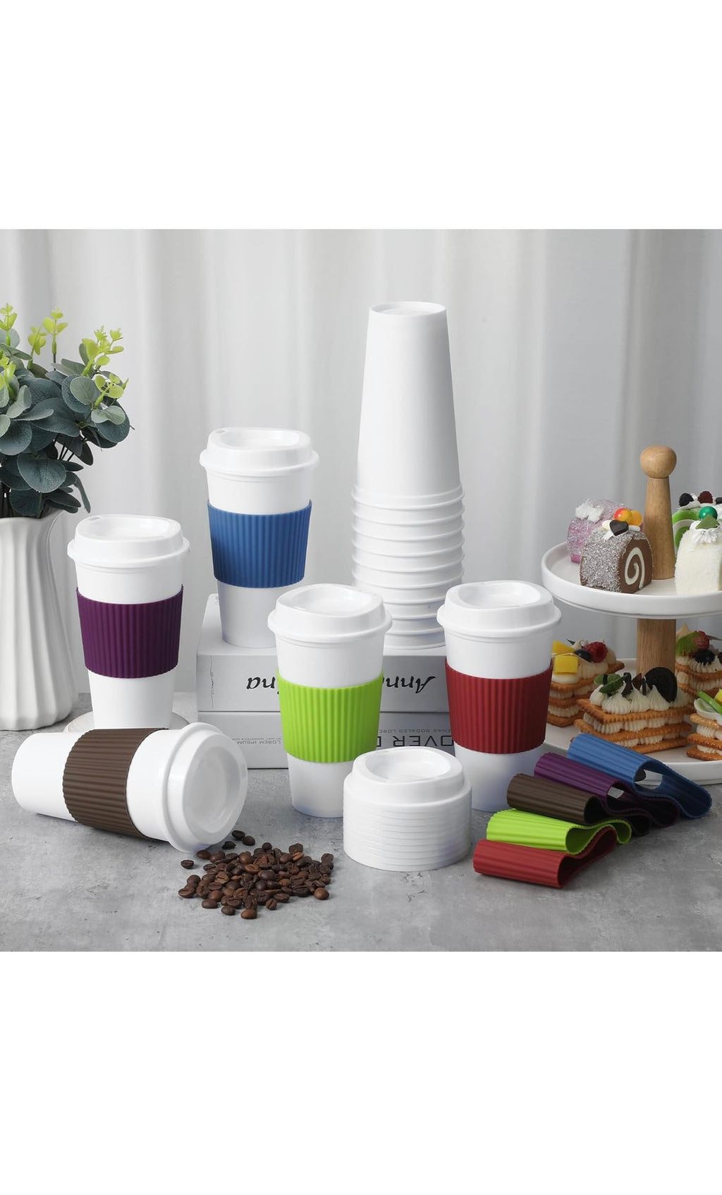 Reusable coffee cups with lids and non slip sleeves