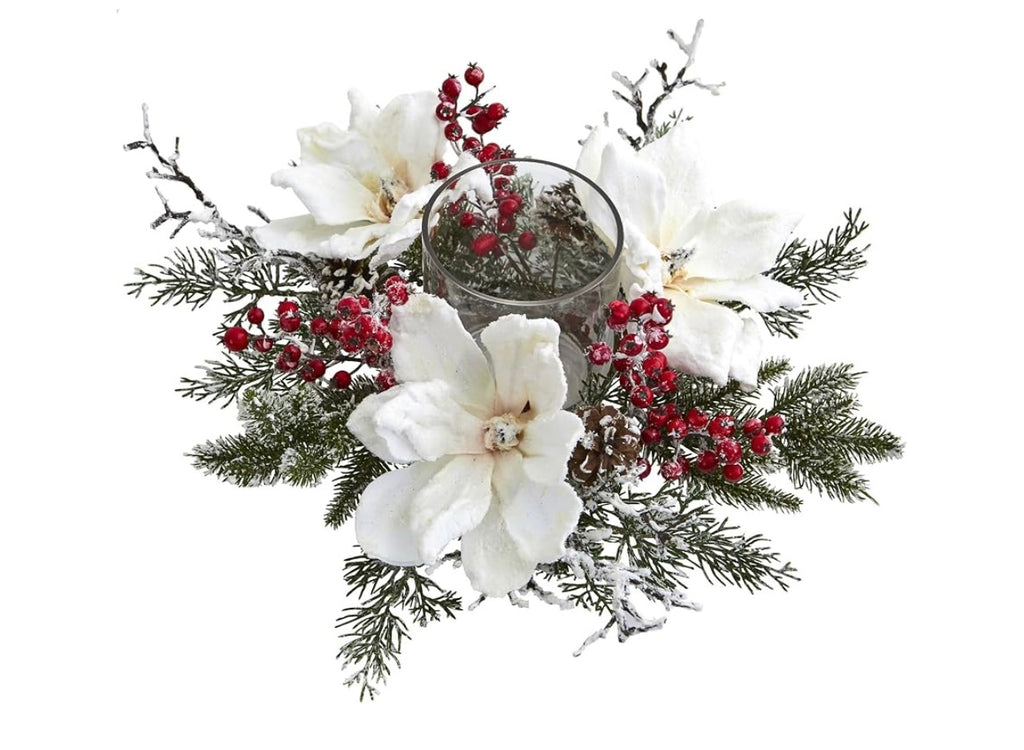17” Frosted Magnolia and Berry Artificial Arrangement Candelabrum.