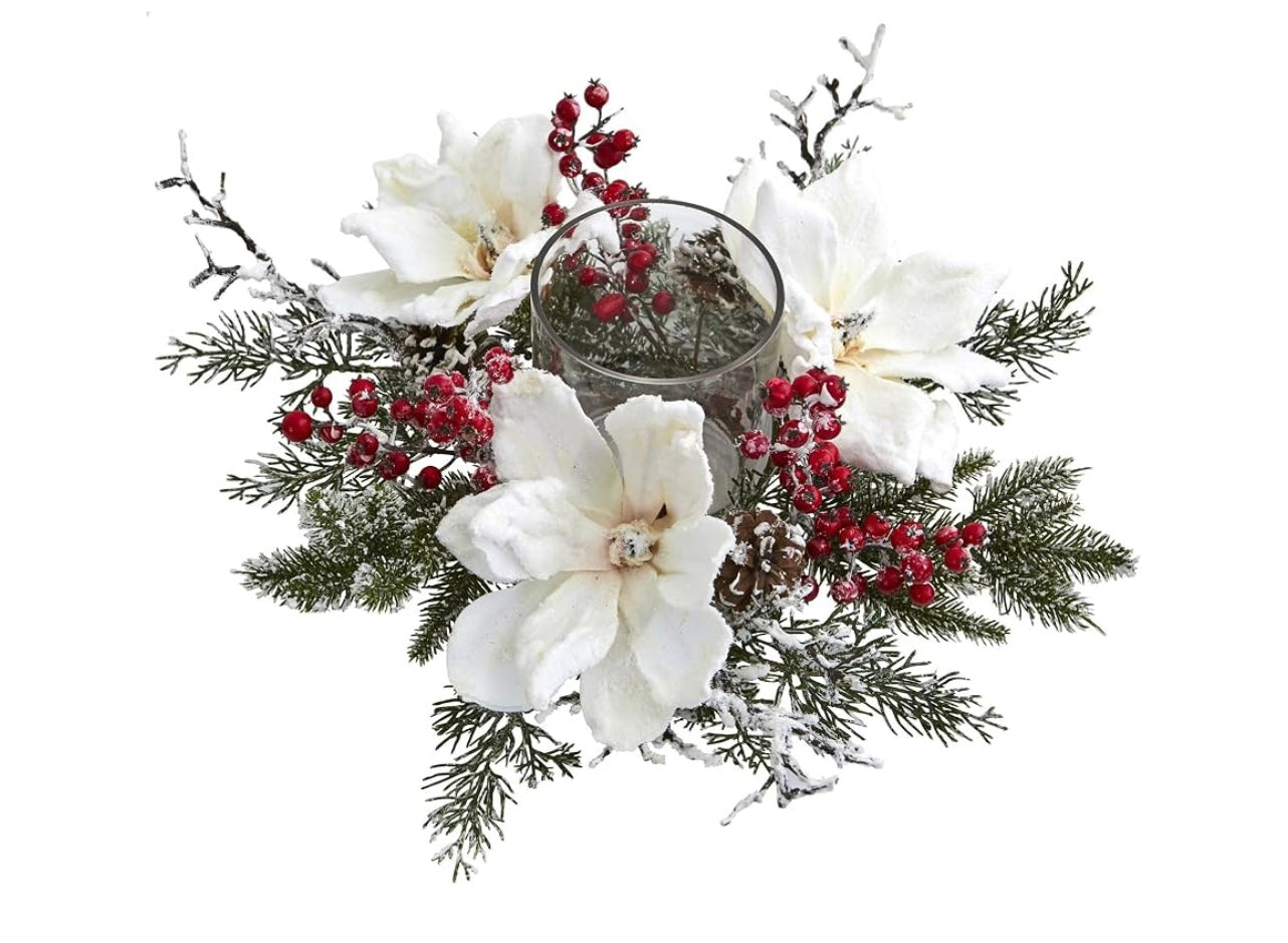 17” Frosted Magnolia and Berry Artificial Arrangement Candelabrum.