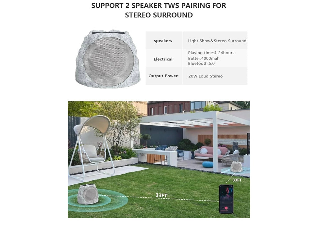 Beige Solar LED Stone with Bluetooth Speaker.