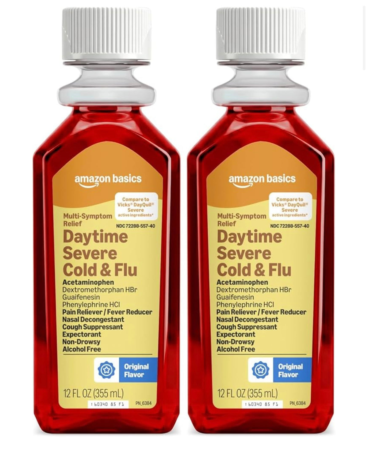 Amazon Basics Severe Daytime Cold and Flu, Non-Drowsy, Multi-Symptom Relief, for Adults and Children Age 6 and Over, Original Flavor, 12 fl oz. Best by June 2027. Set of 1.