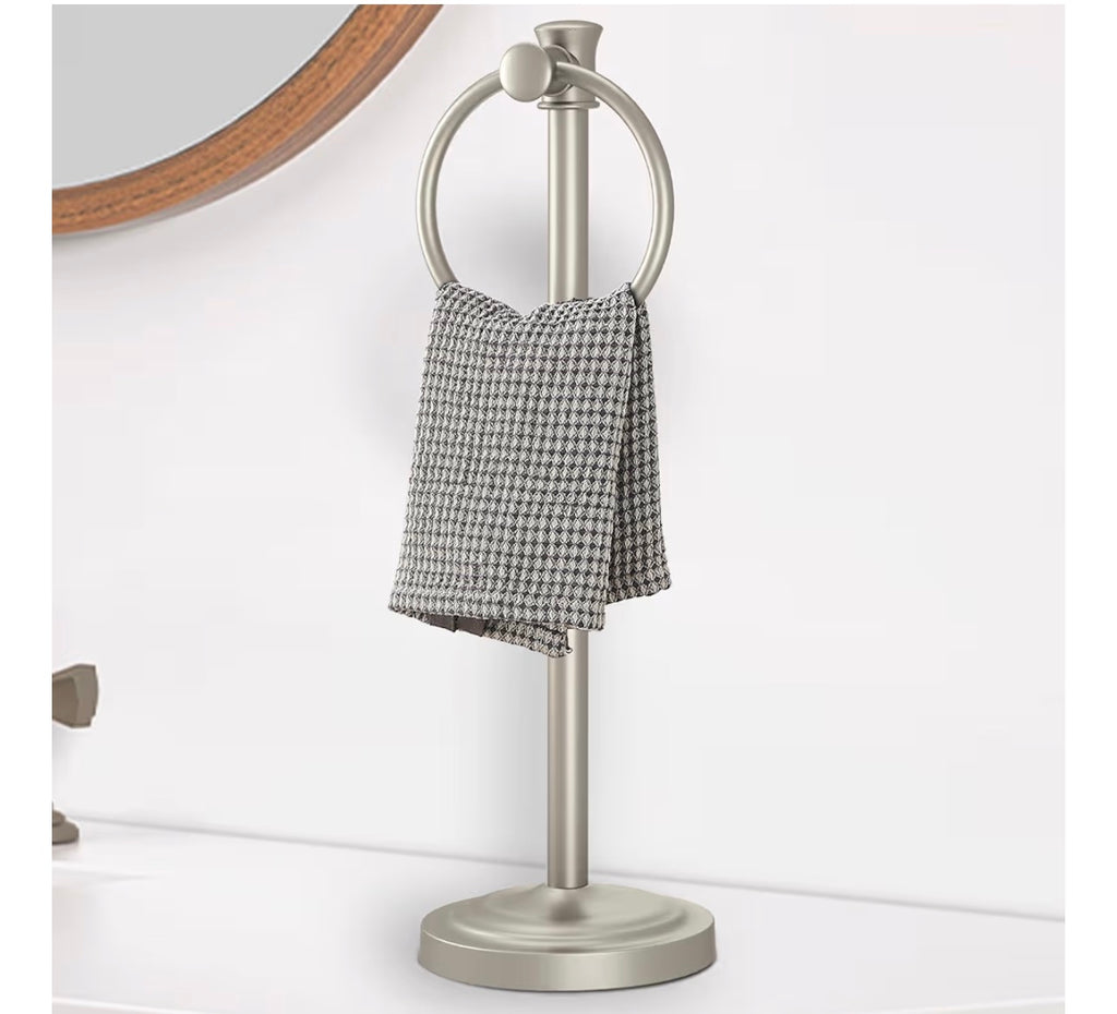 Hoimpro 17” Inch Stand Hand Towel Holder Towel Bar Towel Hanging Ring, Free Standing Floor Hand Towel Rack Storage for Bathroom Kitchen Vanity Countertops, Hardware Accessories(Brushed Nickel)