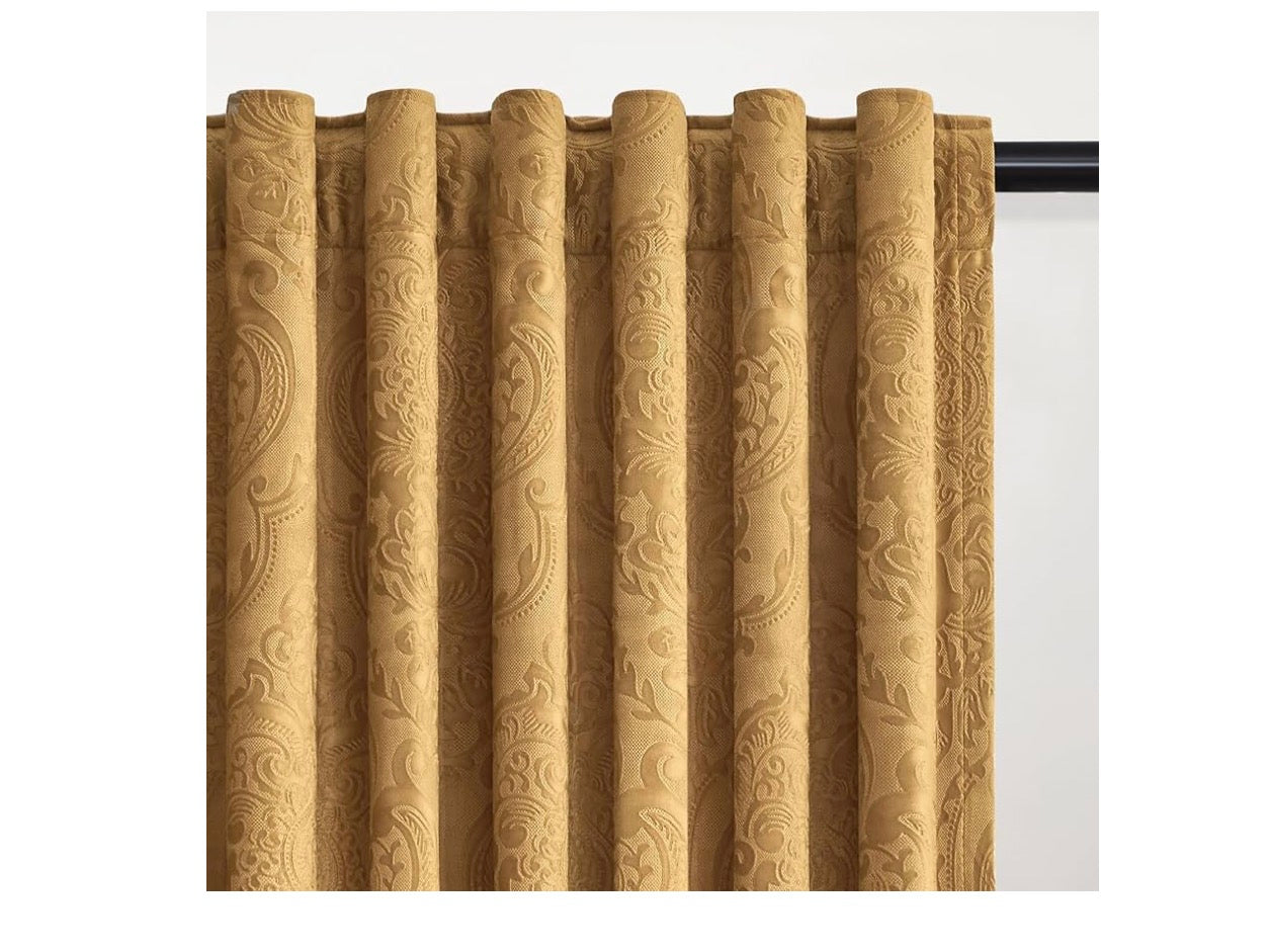 GIGIZAZA Brown Gold Velvet Curtains 84 Inch for Living Room,2 Panels Luxury Vintage Drapes Floral Embossed Blackout Window Curtain Back Tab Thermal for Bedroom