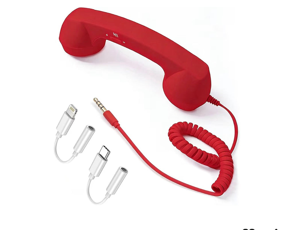 Retro Phone Handset for Cell Phone – Wired Vintage Telephone Receiver with 3.5mm Jack, Includes USB-C & Lightning Adapters, Built-in Microphone & Speaker, Fun Desk Accessory (Red)