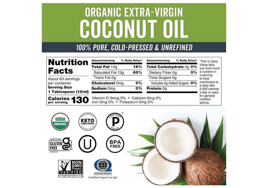 Viva Naturals Organic Coconut Oil, 32 fl oz – Unrefined, Cold-Pressed Extra Virgin Coconut Oil, USDA Organic & Non-GMO, Natural Cooking Oil, Hair Oil & Skin Oil. Best by June 2027.