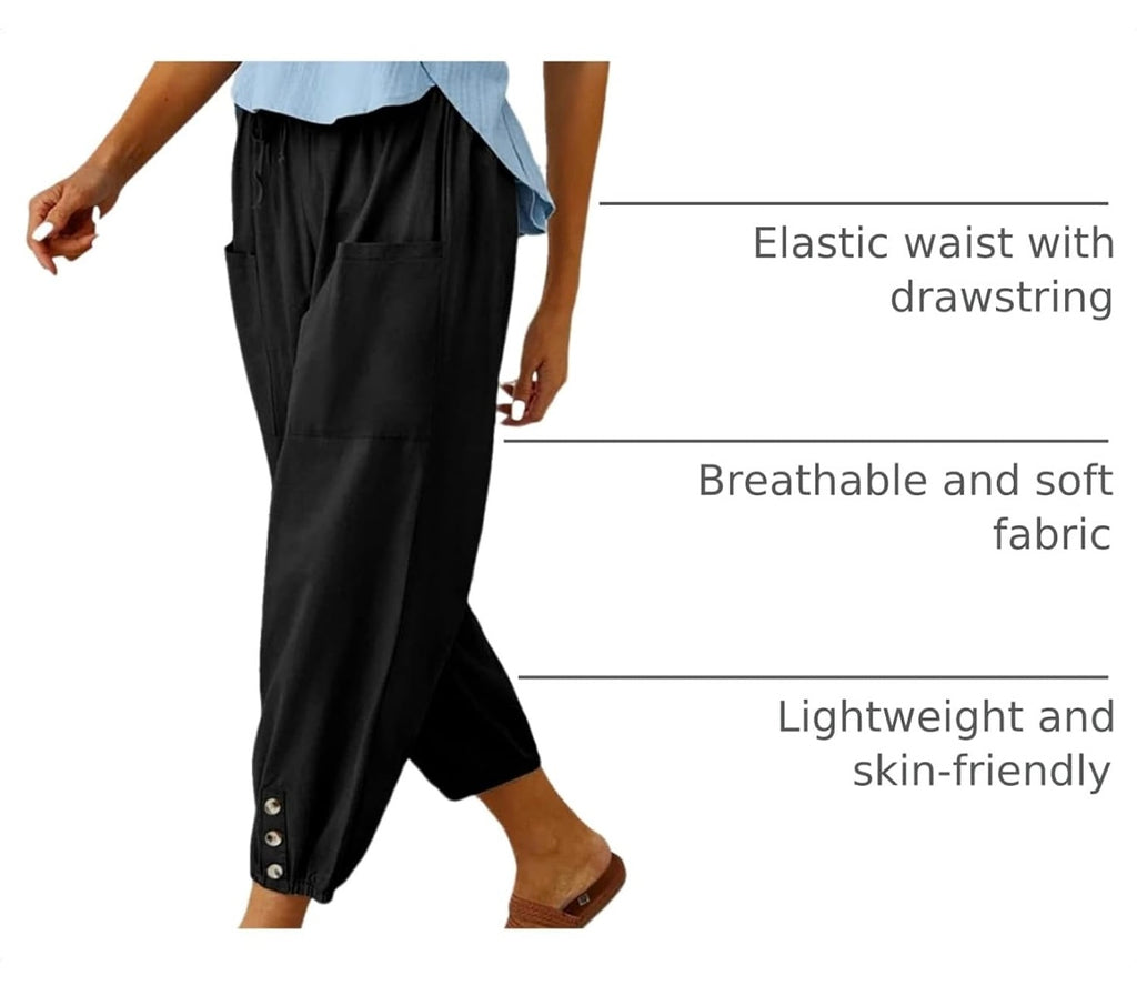 Womens Casual Capri Pants Elastic Waist Drawstring Summer Lounge Baggy Trousers Cinch Bottom Lantern Ankle Pants with Pockets