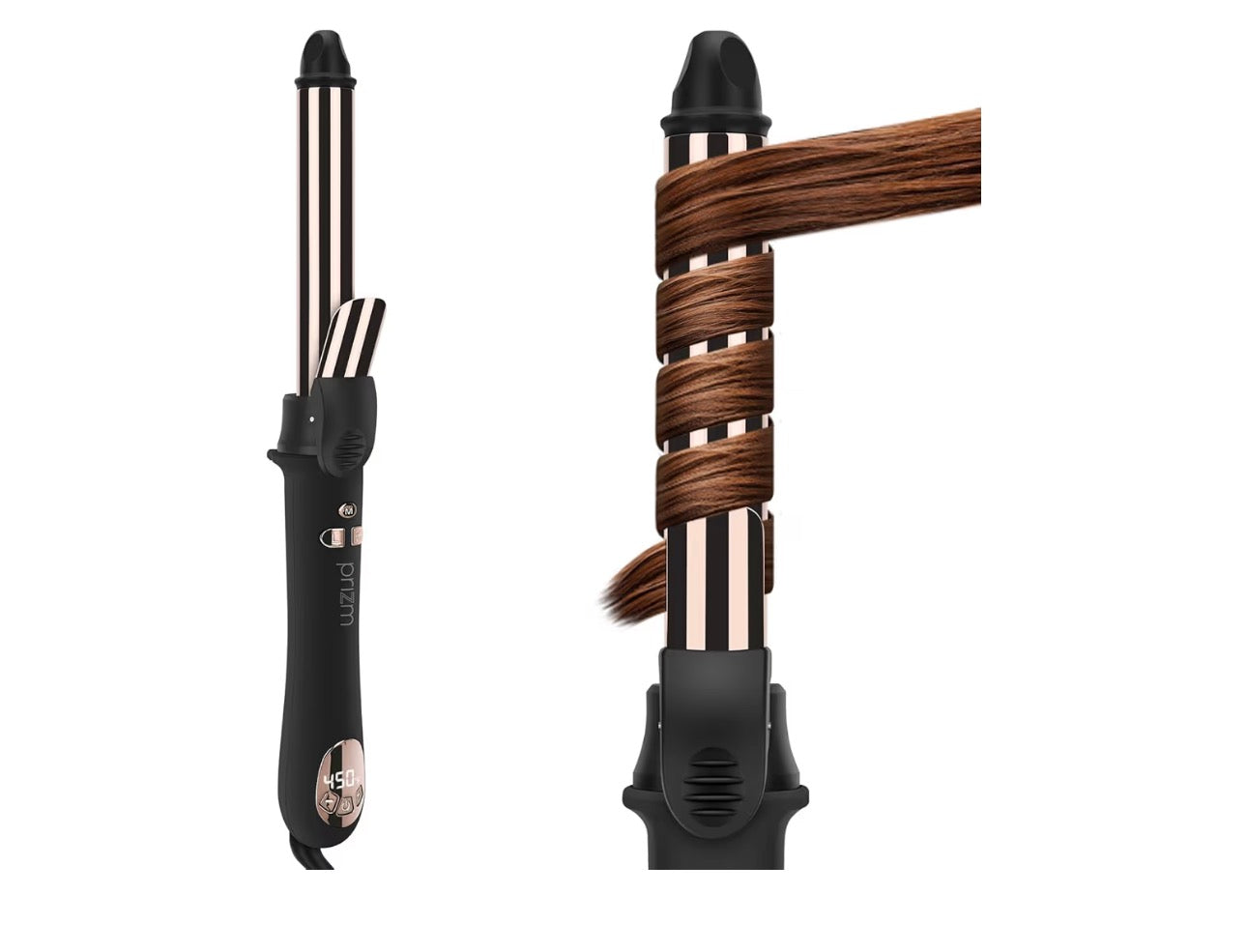 Prizm Rotating Curling Iron, 1inch/25mm Automatic Hair Curler for Long Hair, Self Spinning Barrel, 250-450°F with LCD Display, Auto-Shut Off & Dual Voltage, Black