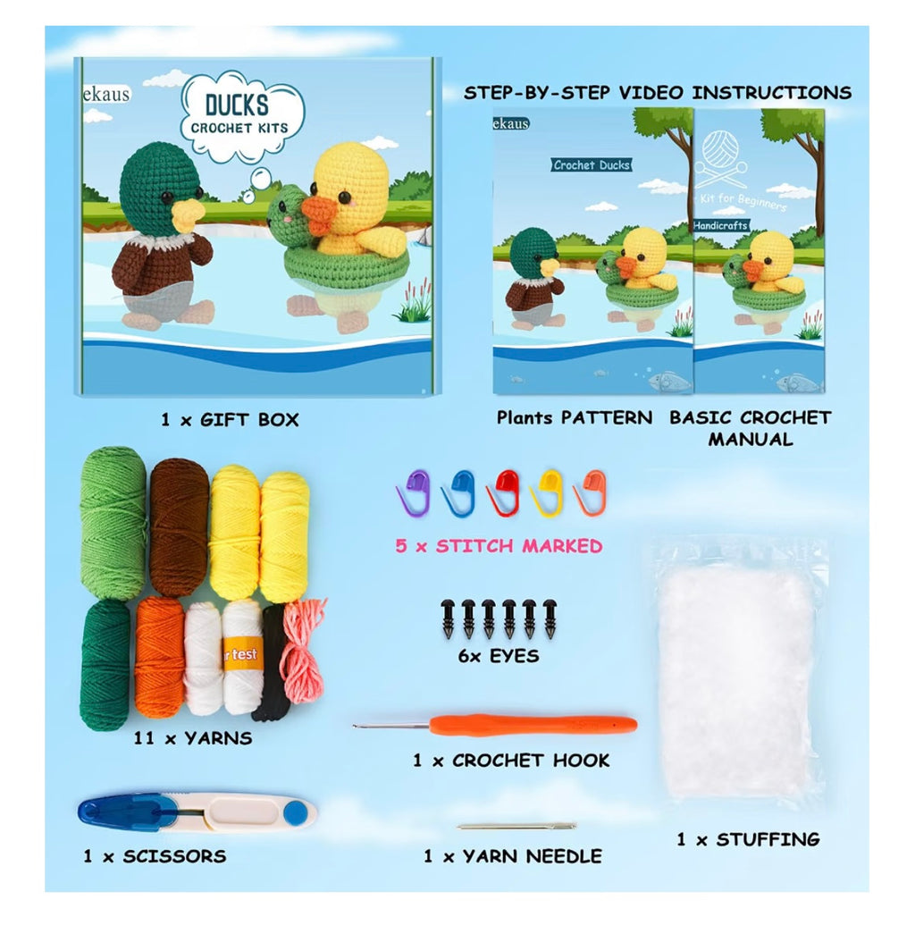 ekaus Crochet Kit for Beginners, Crochet Kit with Step-by-Step Video Tutorials, Crochet DIY Knitting Supplies for Adults, Crochet Ducks(45%+ Yarn)