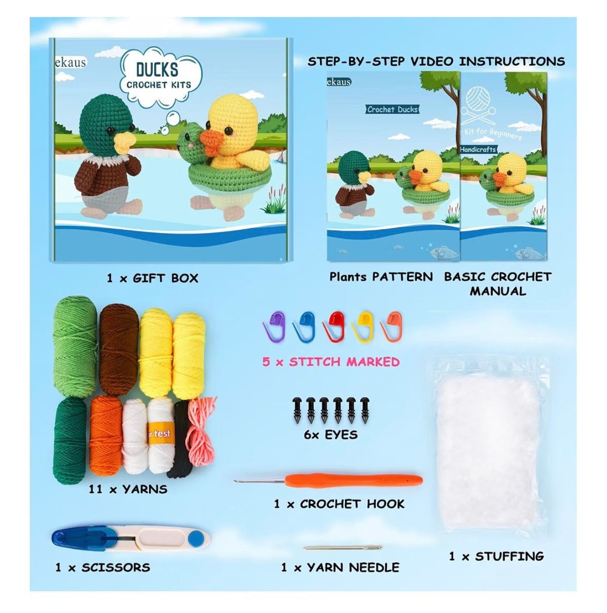 ekaus Crochet Kit for Beginners, Crochet Kit with Step-by-Step Video Tutorials, Crochet DIY Knitting Supplies for Adults, Crochet Ducks(45%+ Yarn)