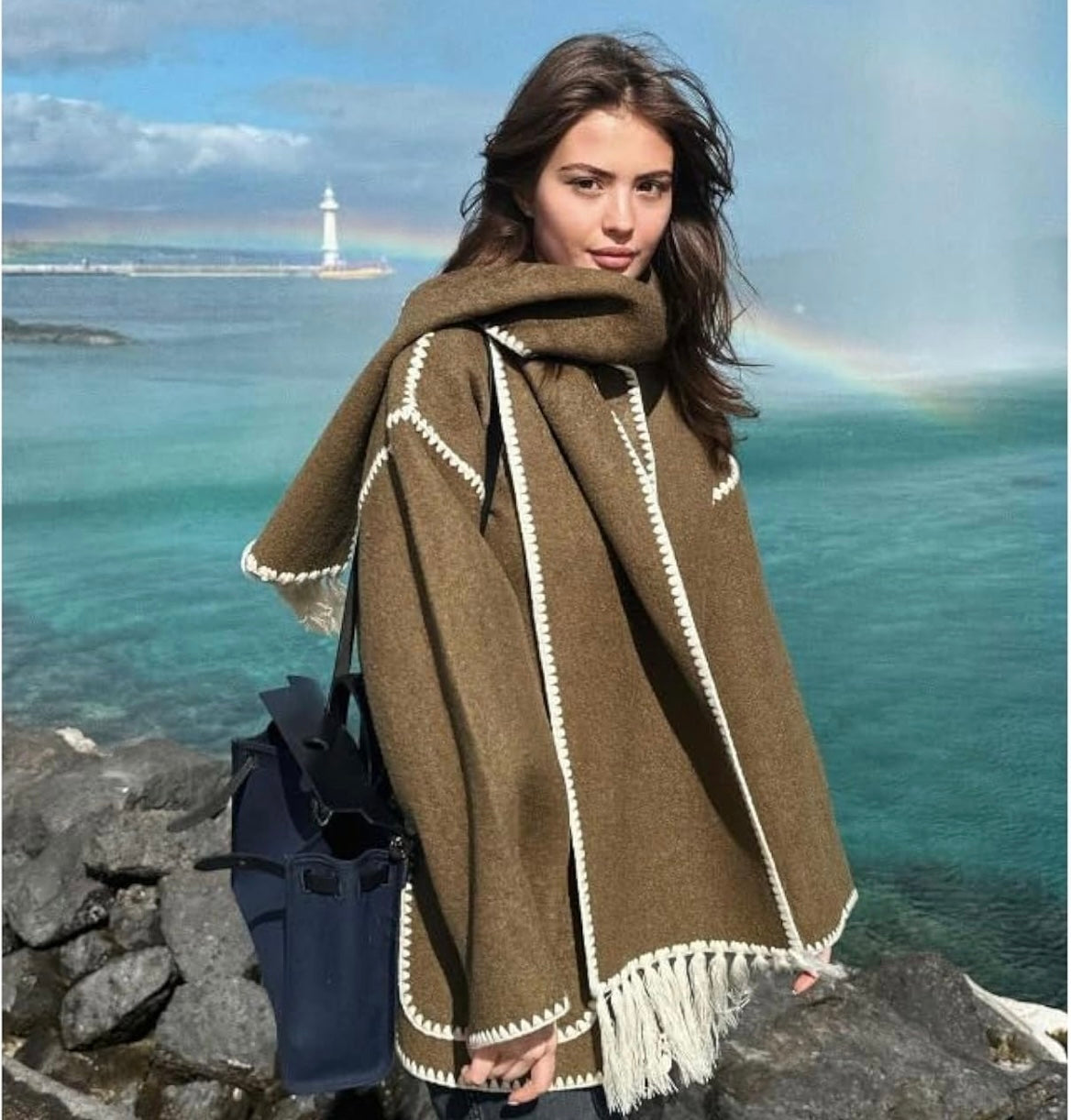 Women's tassel scarf wool coat two-piece set loose button open top wool coat jacket