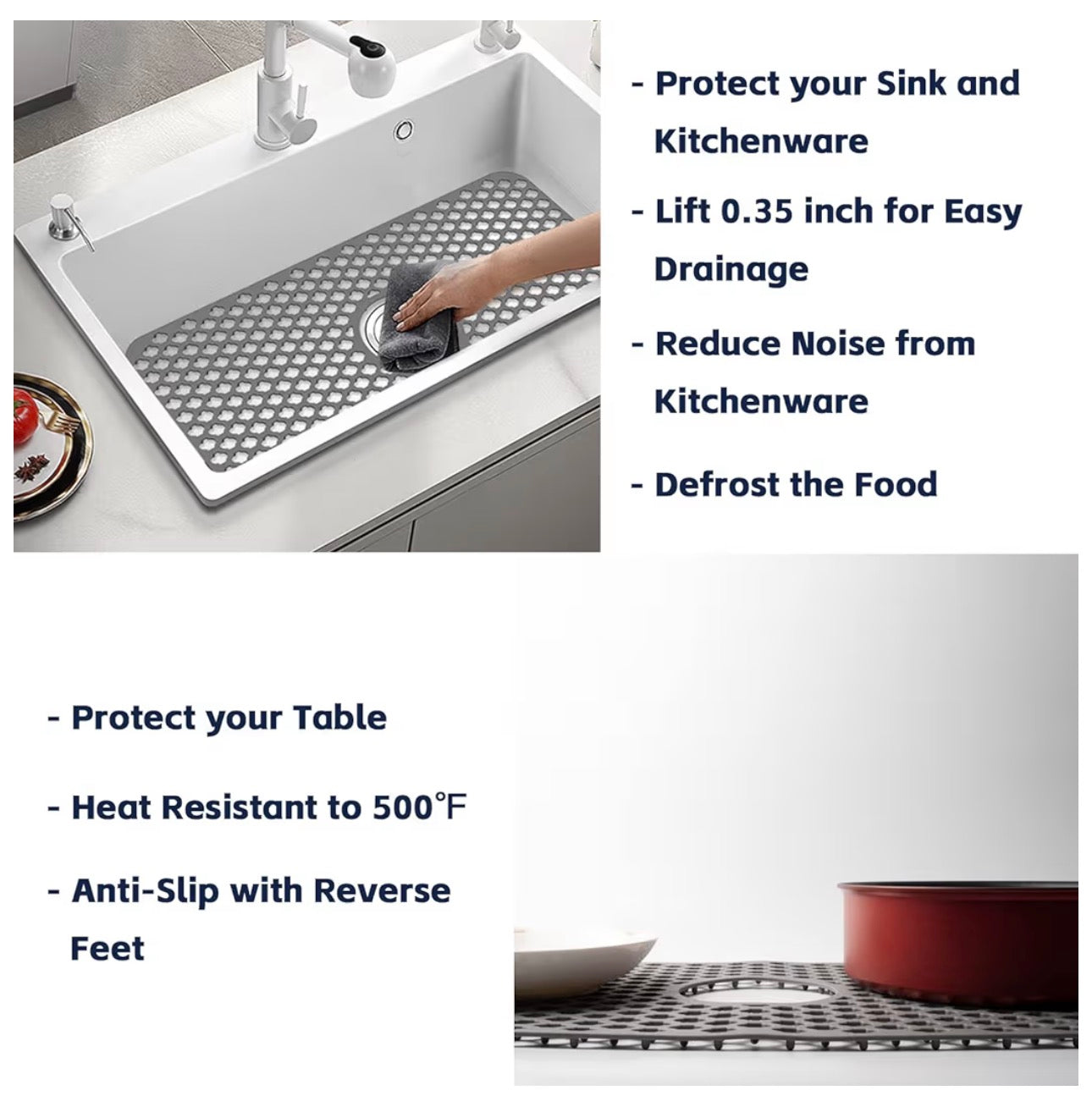 Silicone Sink Mat, 24.6''x 12.9'' Kitchen Sink Protector Grid for Bottom of Center Drain Sink, Gray Non-slip Heat Resistant Liner for Farmhouse Stainless Steel Porcelain Sink