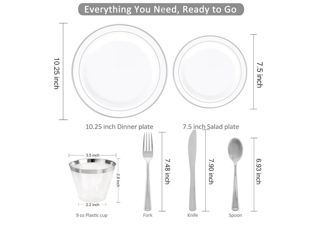 Wellife 350-Piece Silver Plastic Dinnerware Set. Disposable 10.25” dinner plates, 7.5” dessert plates and 9 oz silver Rim Cups.