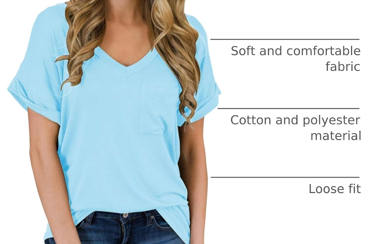 Women's Soft Basic Short Sleeve V-Neck T-Shirts Loose Casual Tee Tops Clothes Everyday Wear