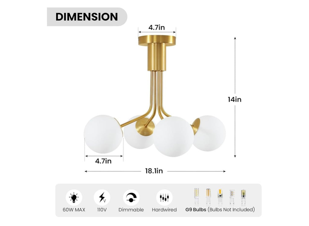 Linour 4 Light Modern Chandelier Gold Semi Flush Mount Ceiling Light Fixture Sputnik Chandelier With Milky Frosted Glass.
