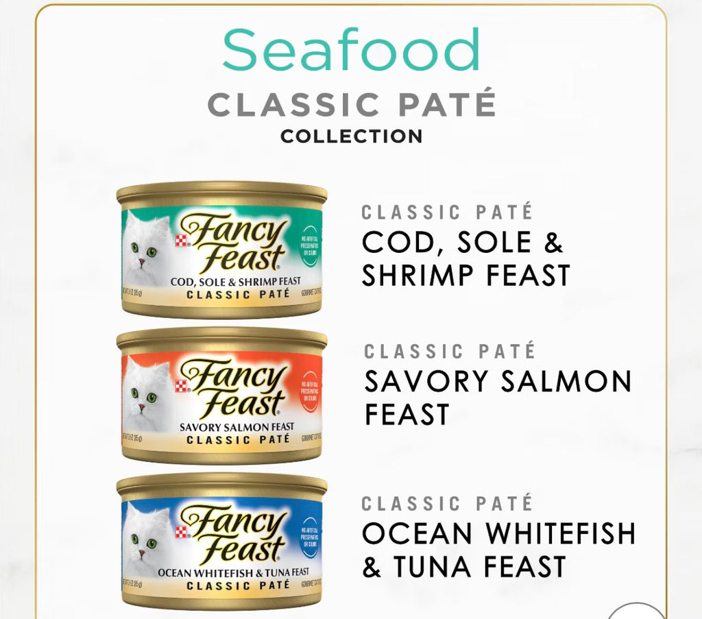 Purina Fancy Feast Seafood Classic Paté Variety Pack Tuna, Salmon, Fish & Shrimp Flavor Wet Cat Food Cans - 3oz/30ct.
