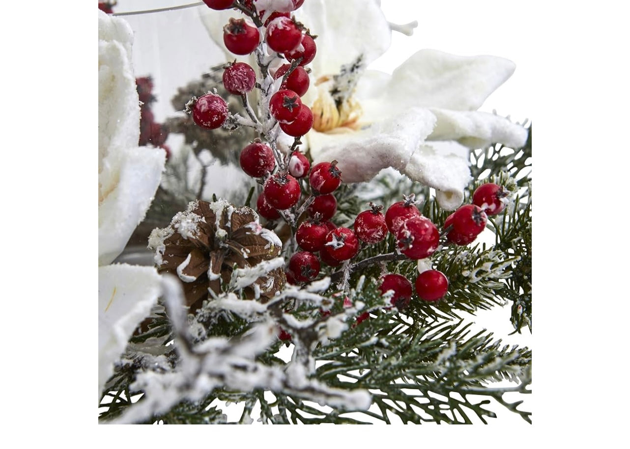 17” Frosted Magnolia and Berry Artificial Arrangement Candelabrum.