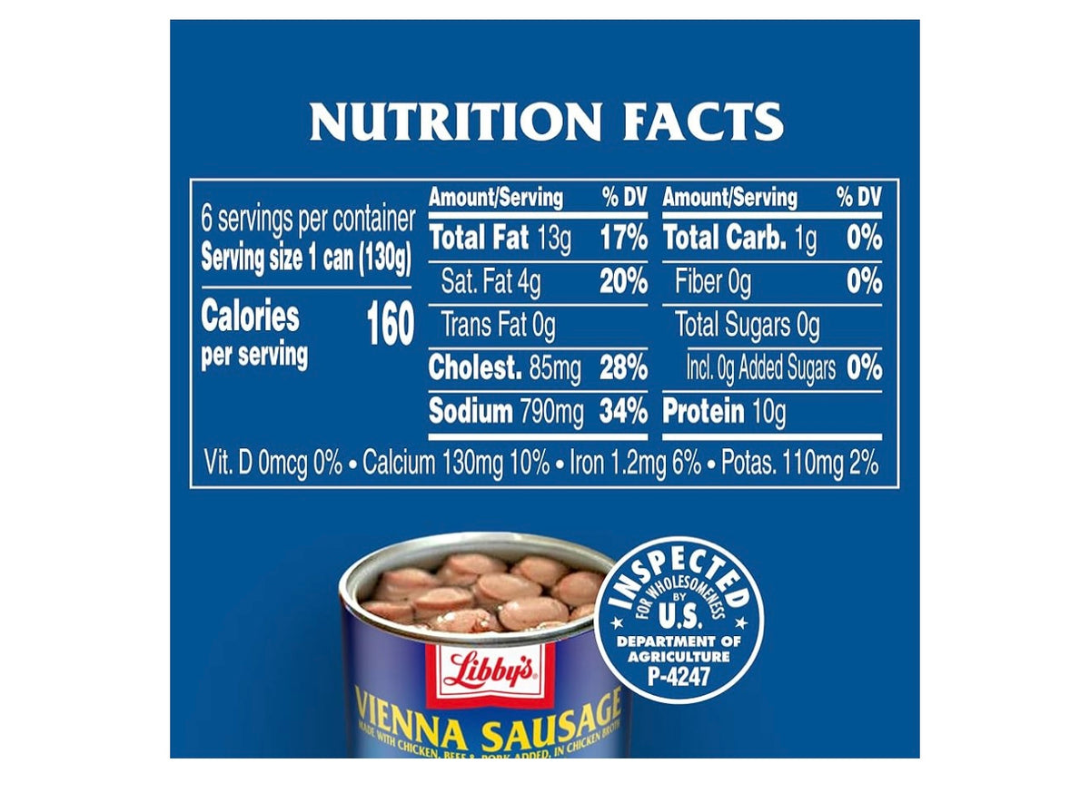Libby's Vienna Sausage, Ready to Eat Canned Meat, 10g Protein Per Serving, 4.6 oz. Can (Pack of 24).