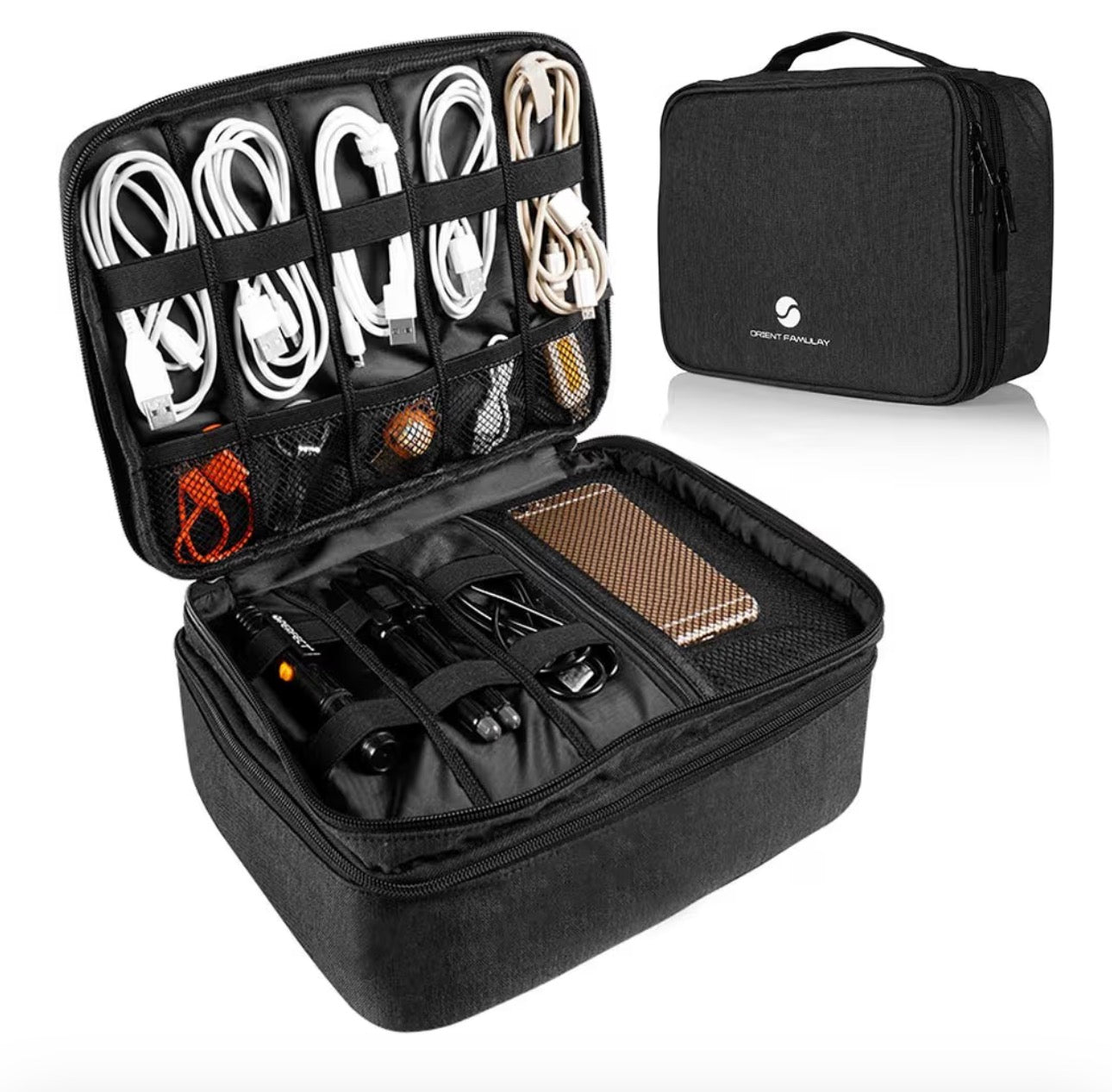 Travel Electronics Organizer, Waterproof Cable Organizer Bag for Electronic Accessories Double Layer Large Shockproof Cable Storage Bag for Cord, Power Bank, Tablet(Up to iPad 11 inch) - Black