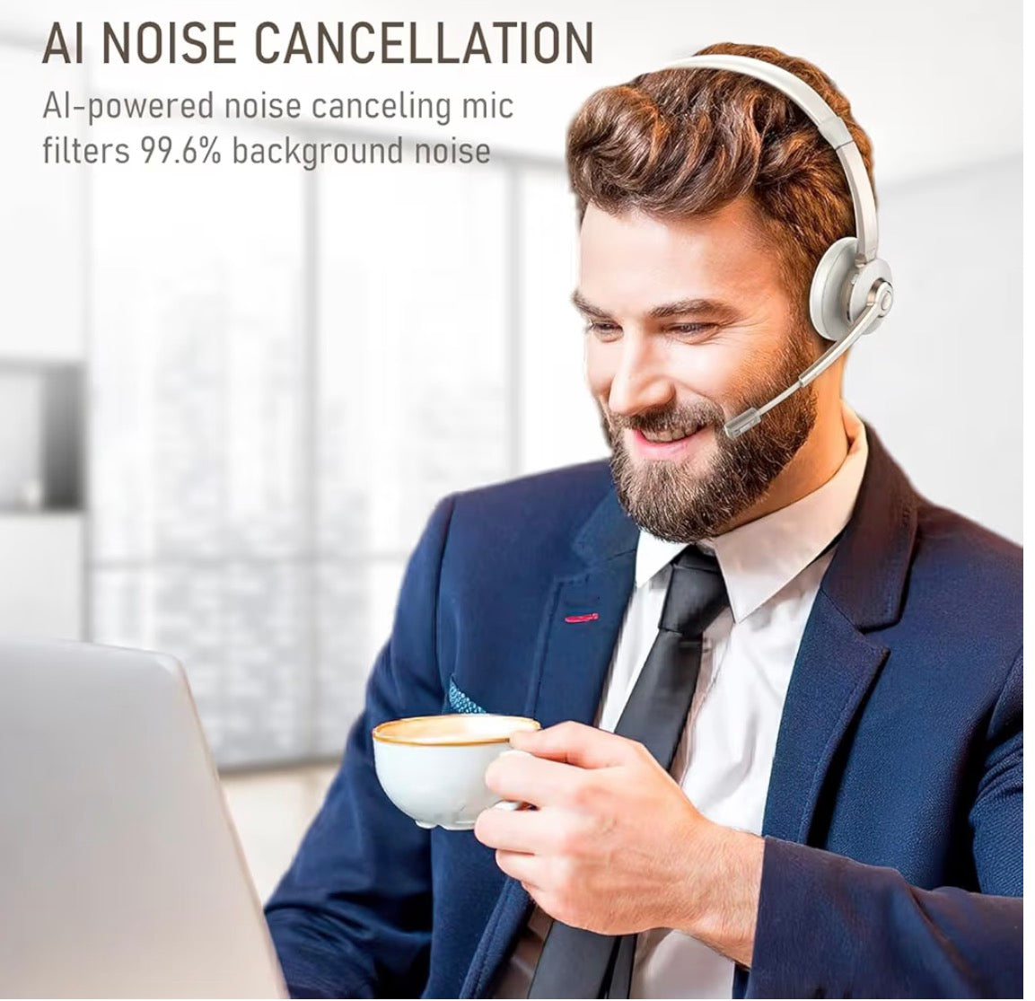 Trucker Bluetooth Headset, Wireless Headset with with Microphone Noise Canceling & USB Dongle, 5.0 Bluetooth Headphones with Mic Mute for Remote Work Cell Phone Computer Office Teams Conference Call