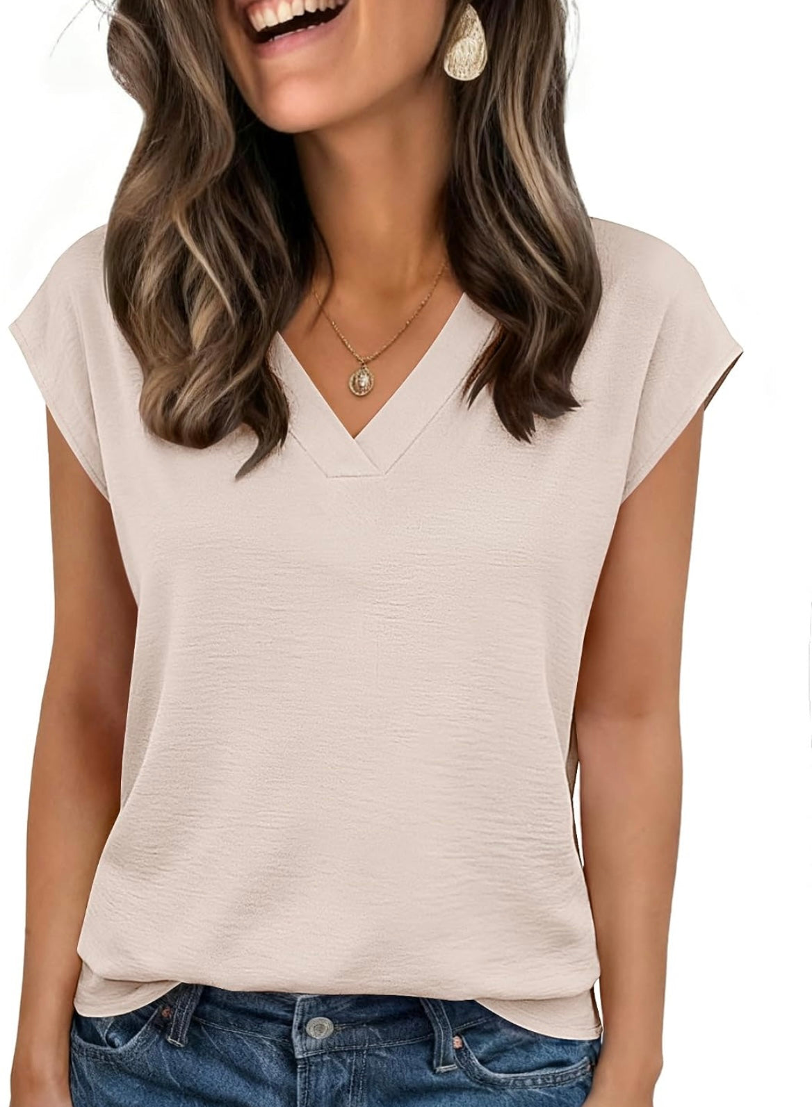 Womens Tops Cap Short Sleeve Textured Blouse V Neck Summer Shirts