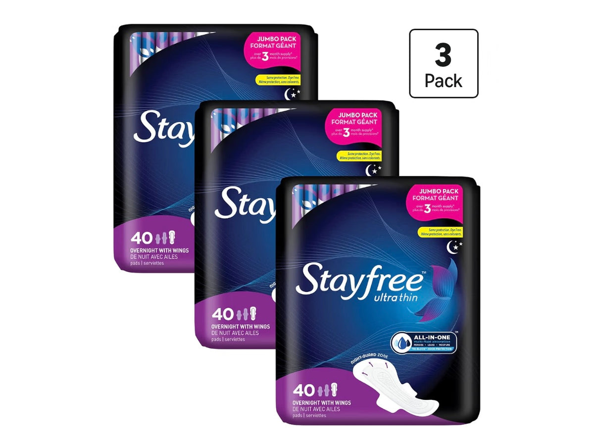 Stayfree Ultra Thin Overnight Pads with Wings, For Women, Reliable Protection and Absorbency of Feminine Moisture Leaks and Periods, 40 count - Pack of 3