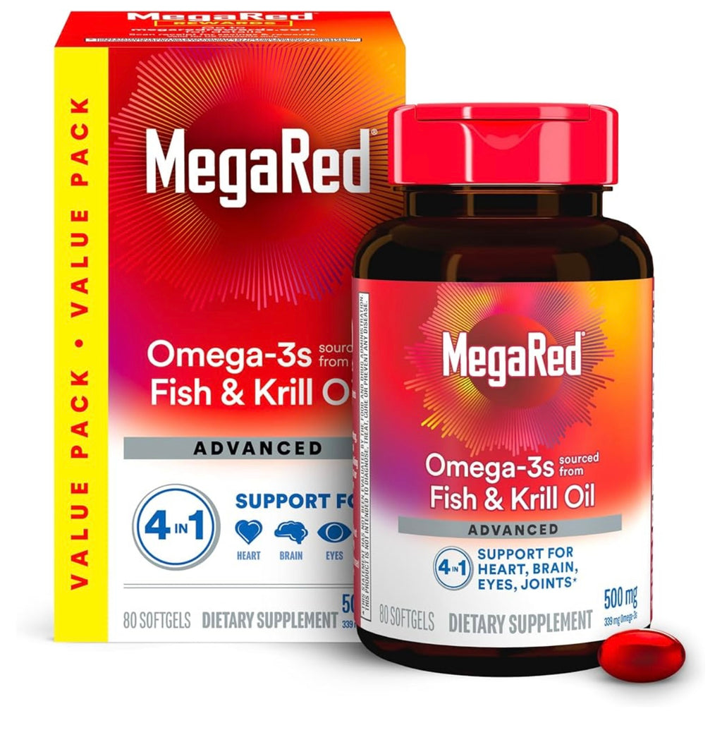 MegaRed Omega 3 Fish Oil & Antarctic Krill Oil Softgels for Brain, Heart, Joints & Eye Support, (80 Count Bottle), Concentrated Omega 3 Fatty Acid Supplement with EPA, DHA, Phospholipids. Exp 06/2027.