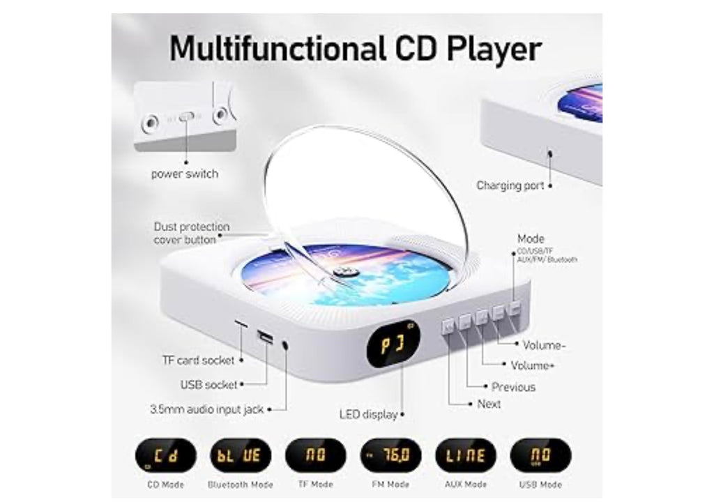 MICOCIOUS Bluetooth Portable Home CD Music Player with Remote Control, Timer, Built-in Speakers and LED Display - FM Radio Boombox (White)