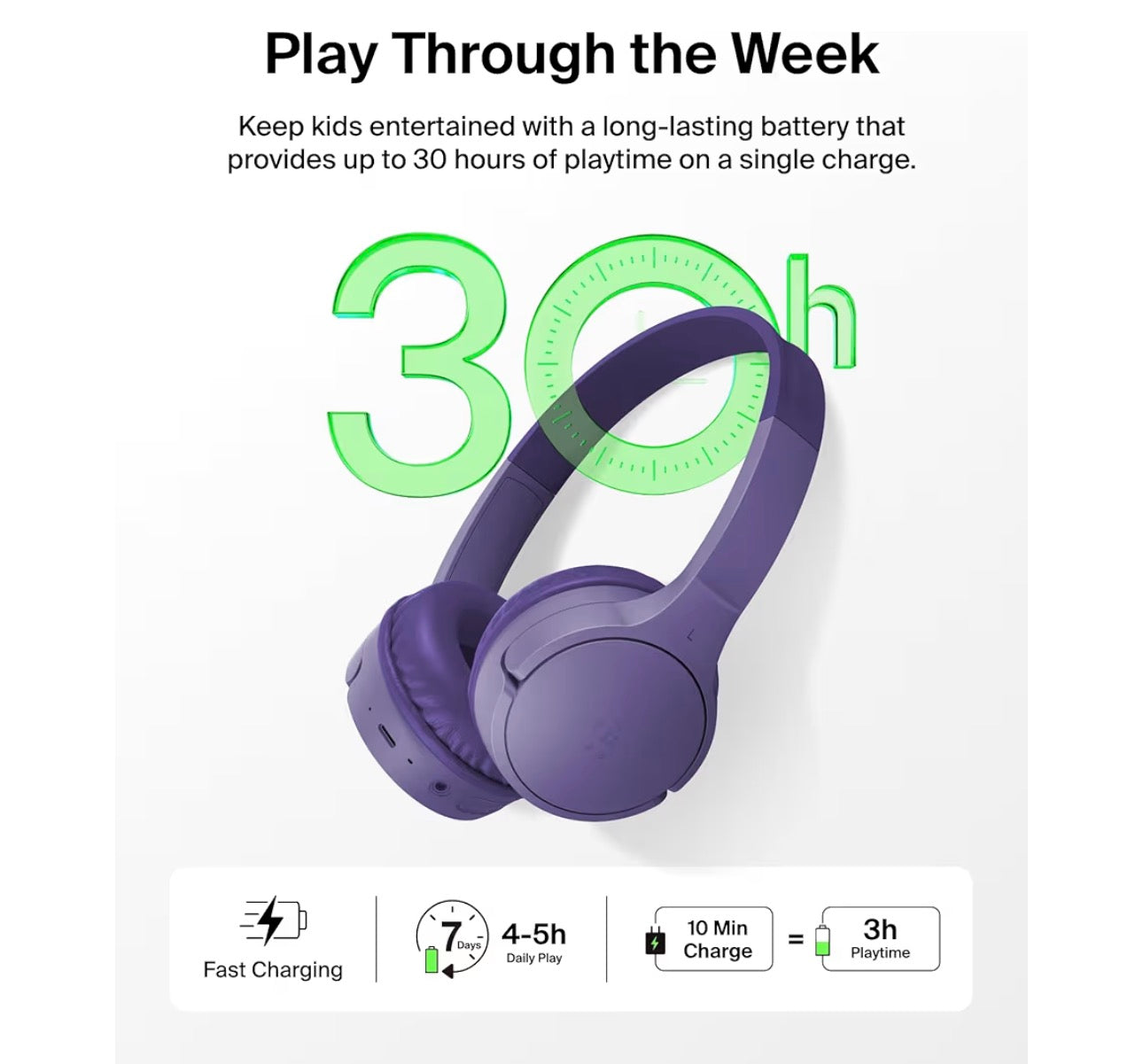 Belkin SoundForm Mini - Wireless Bluetooth Kids Headphones, 30H Battery, 85dB Safe Volume Limit, Built-In Microphone - Toddler On-Ear Earphones for iPhone, iPad, Fire Tablet, Ideal for School - Purple